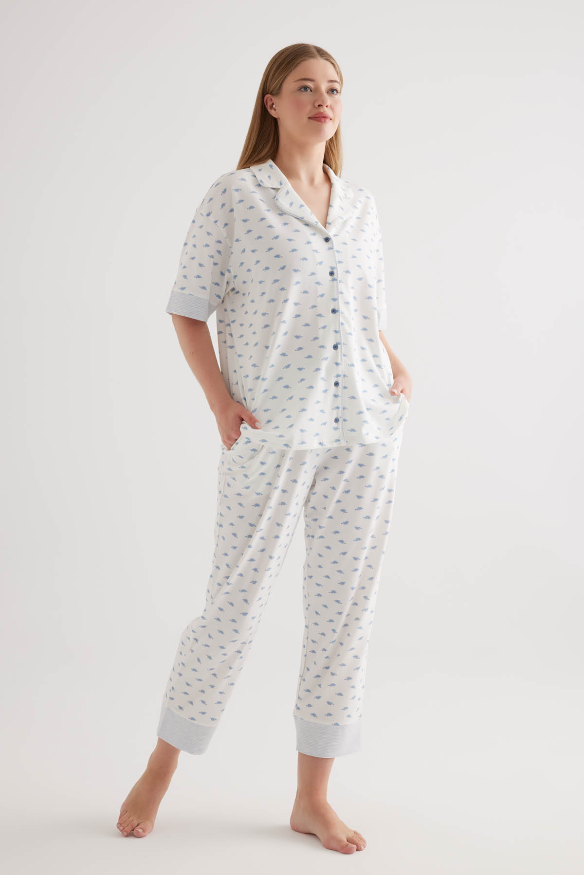 Kadın Plus Size Pamuklu Cepli Uzun Pijama Altı
