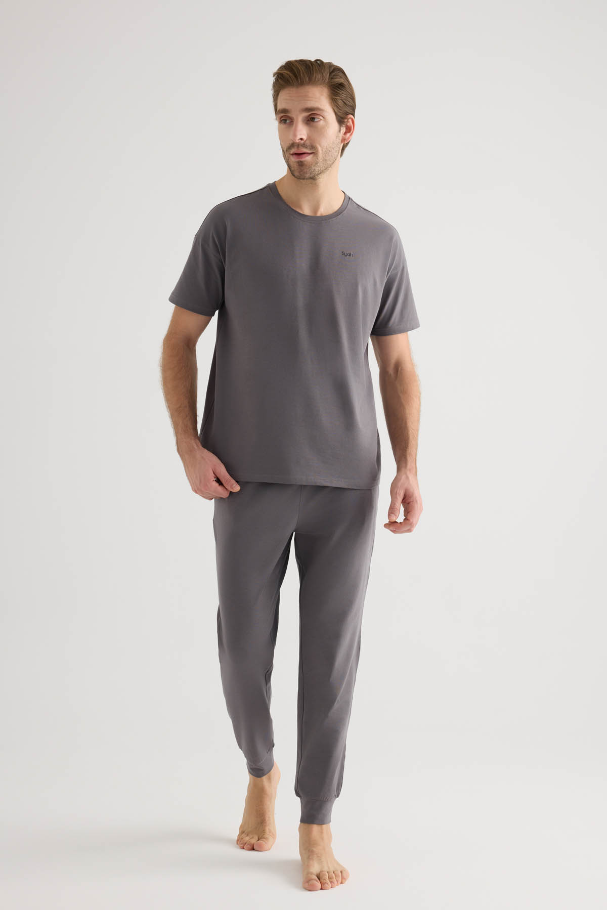 Erkek Pamuklu Kısa Kollu Uzun Pijama Takımı
