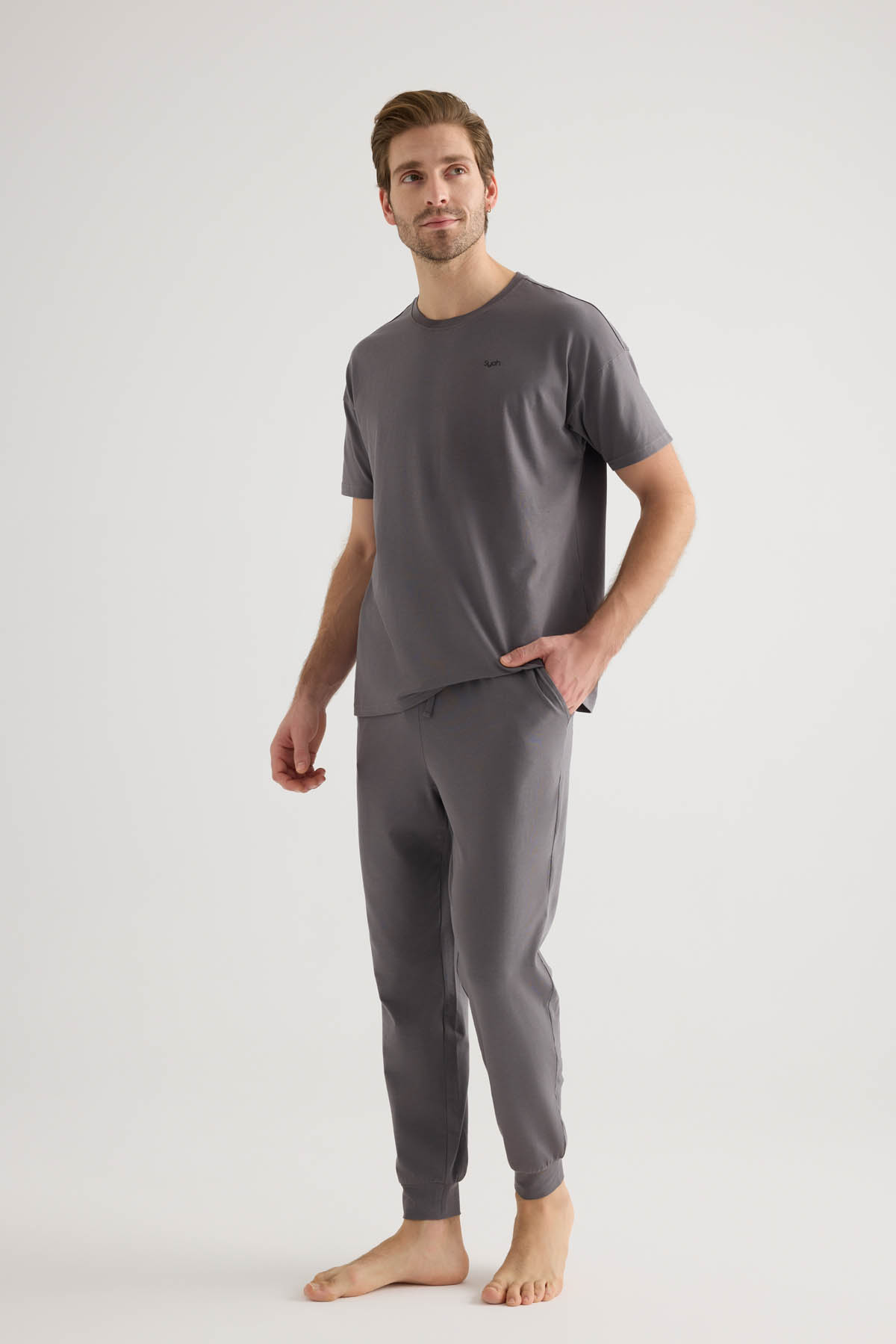 Erkek Pamuklu Kısa Kollu Uzun Pijama Takımı