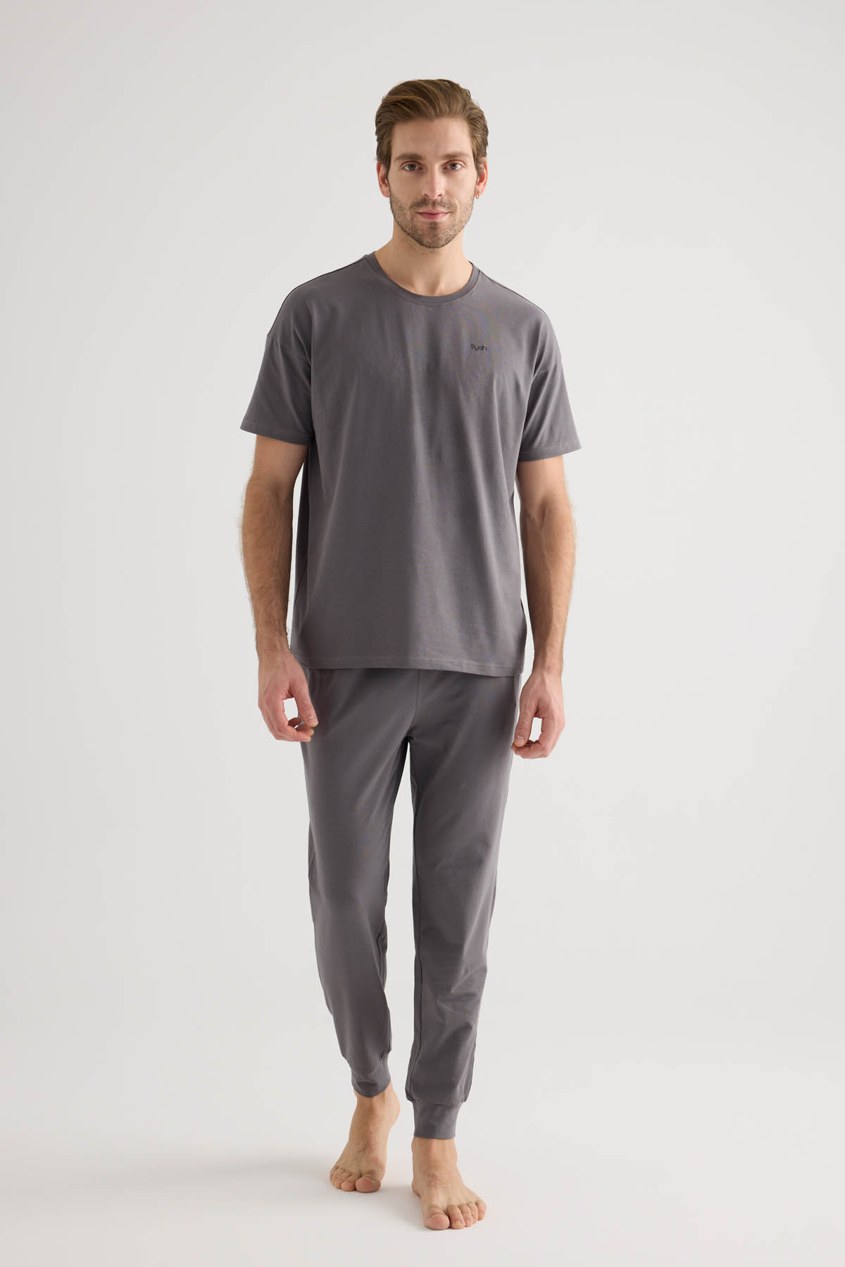 Erkek Pamuklu Kısa Kollu Uzun Pijama Takımı