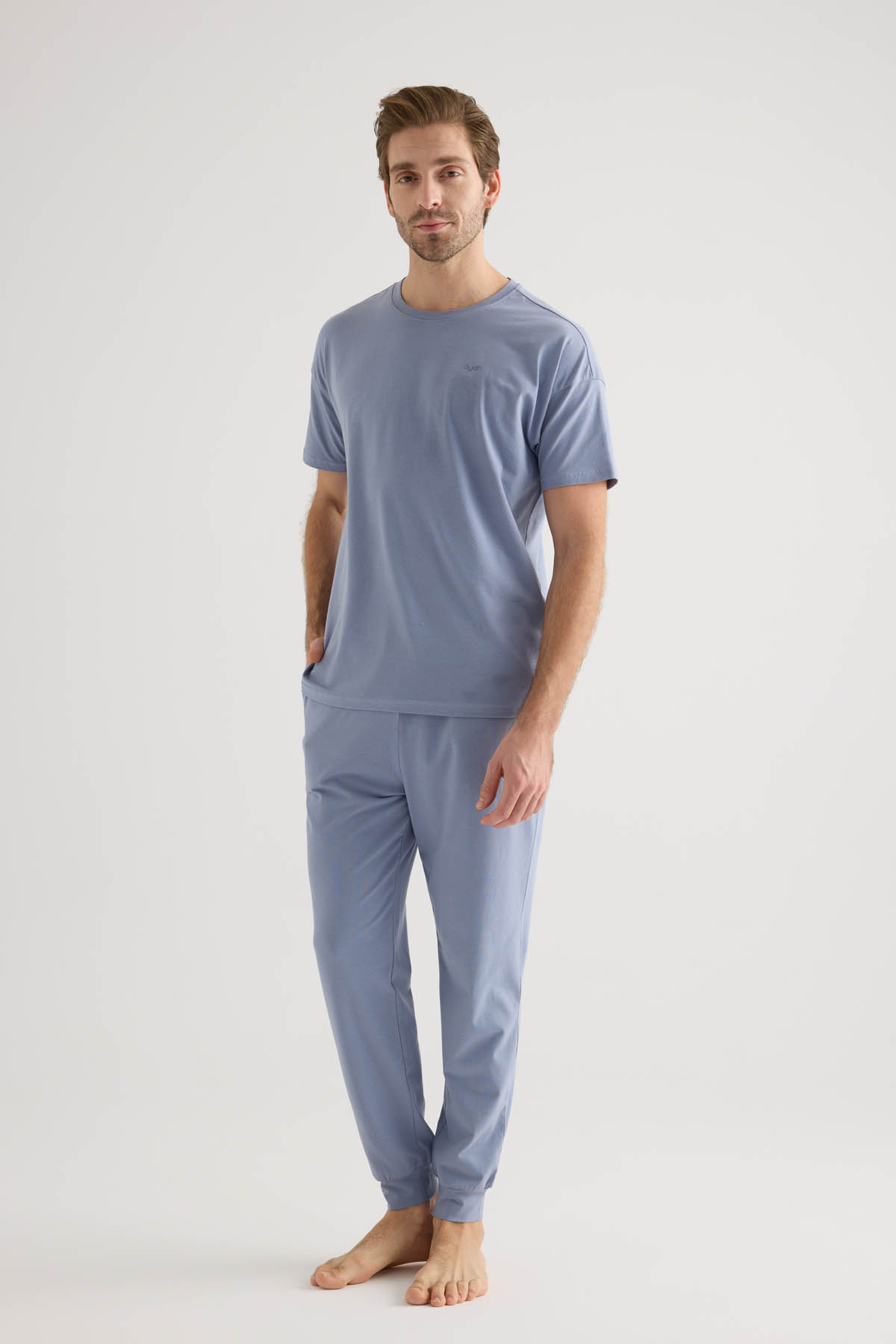 Erkek Pamuklu Kısa Kollu Uzun Pijama Takımı