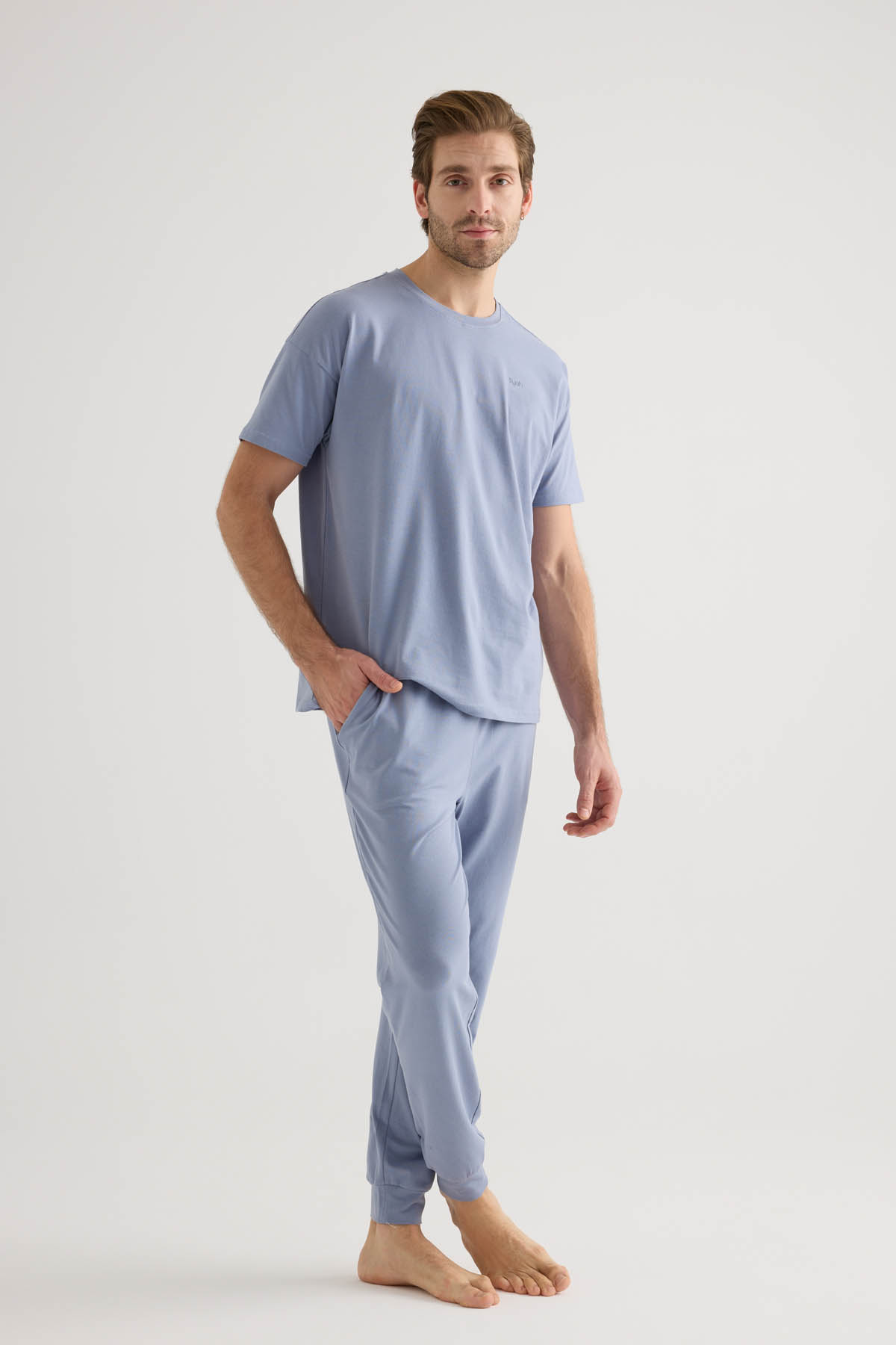 Erkek Pamuklu Kısa Kollu Uzun Pijama Takımı