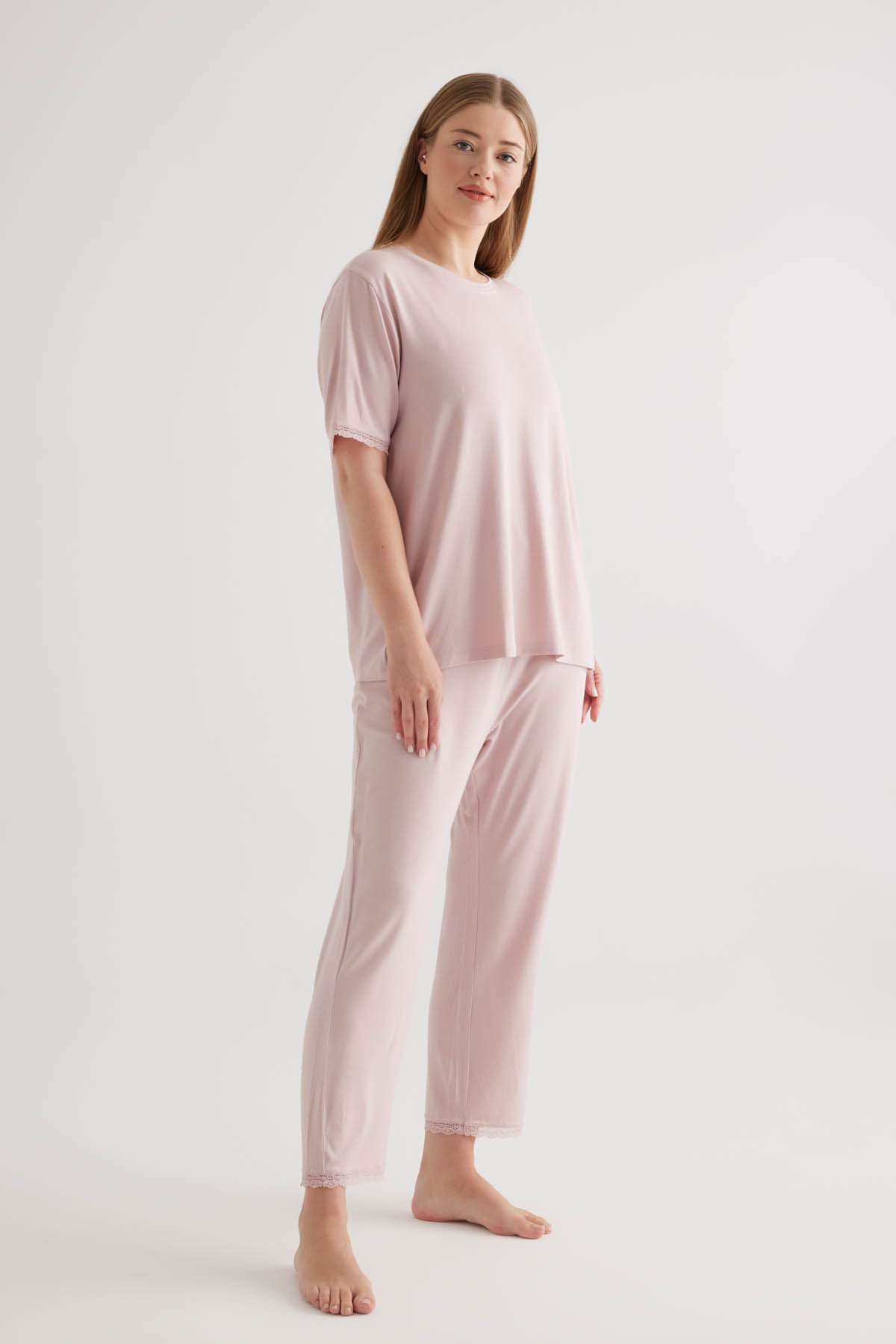 Kadın Plus Size Viscose Kısa Kollu Uzun Pijama Takımı