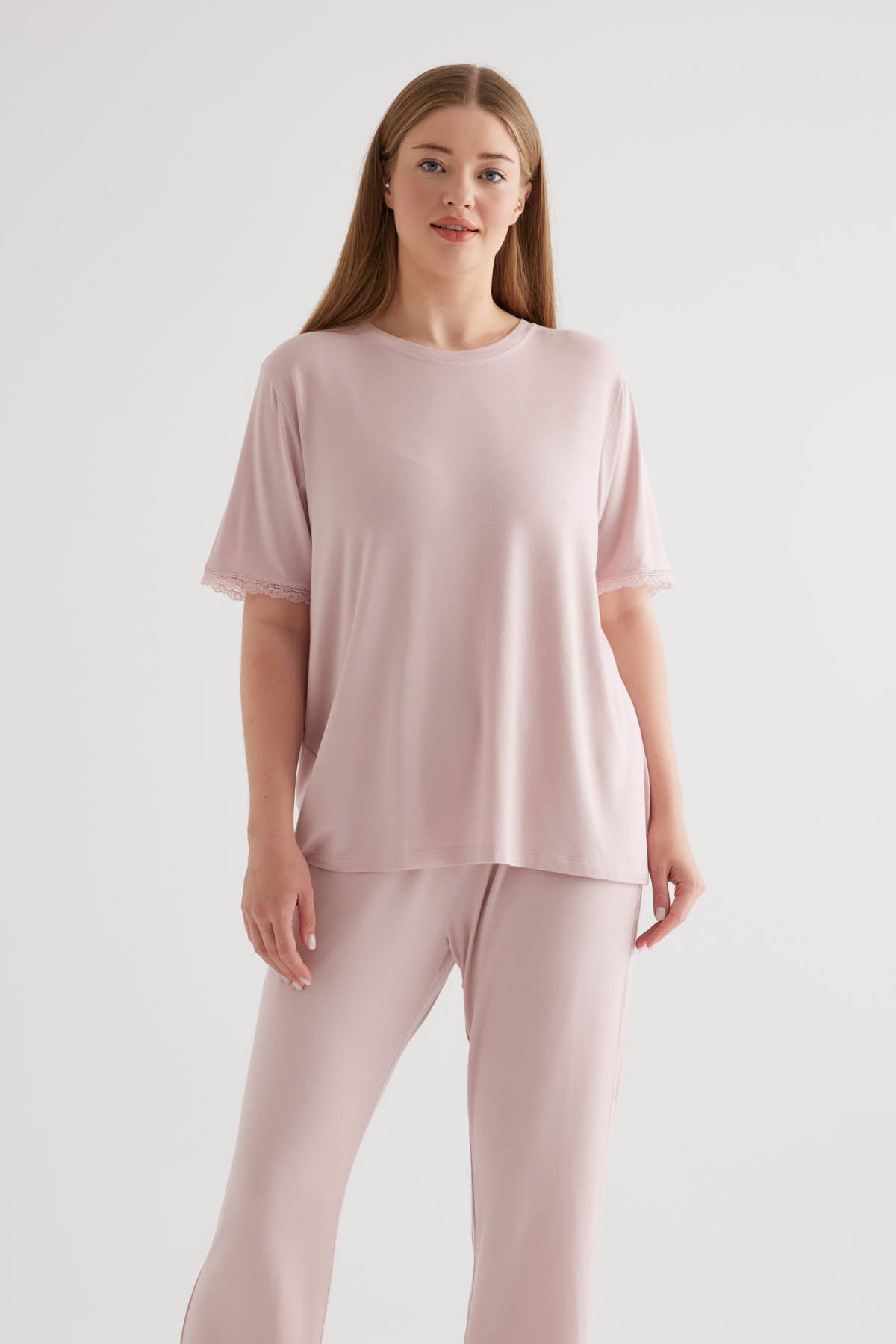 Kadın Plus Size Viscose Kısa Kollu Uzun Pijama Takımı