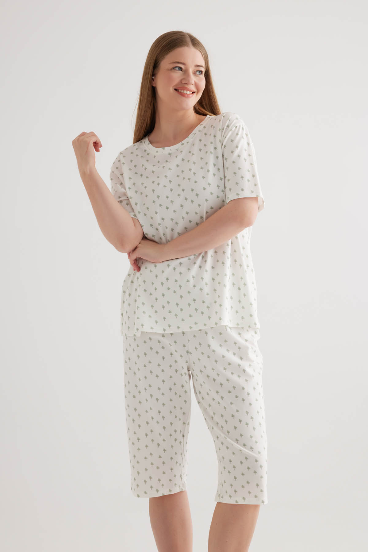 Kadın Plus Size Pamuklu Kısa Kollu Pijama Üstü