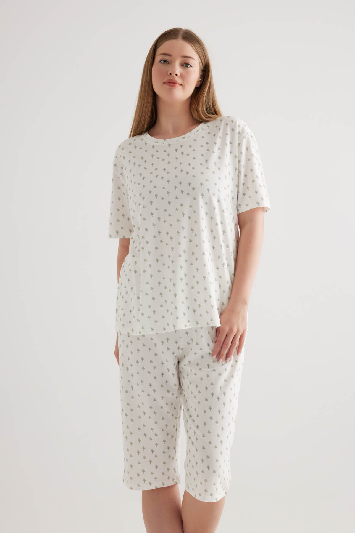 Kadın Plus Size Pamuklu Kısa Kollu Pijama Üstü