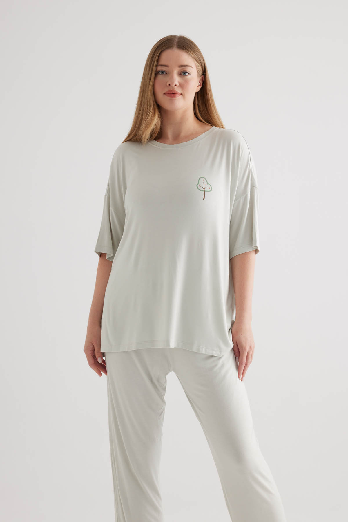 Kadın Plus Size Viscose Kısa Kollu Pijama Üstü