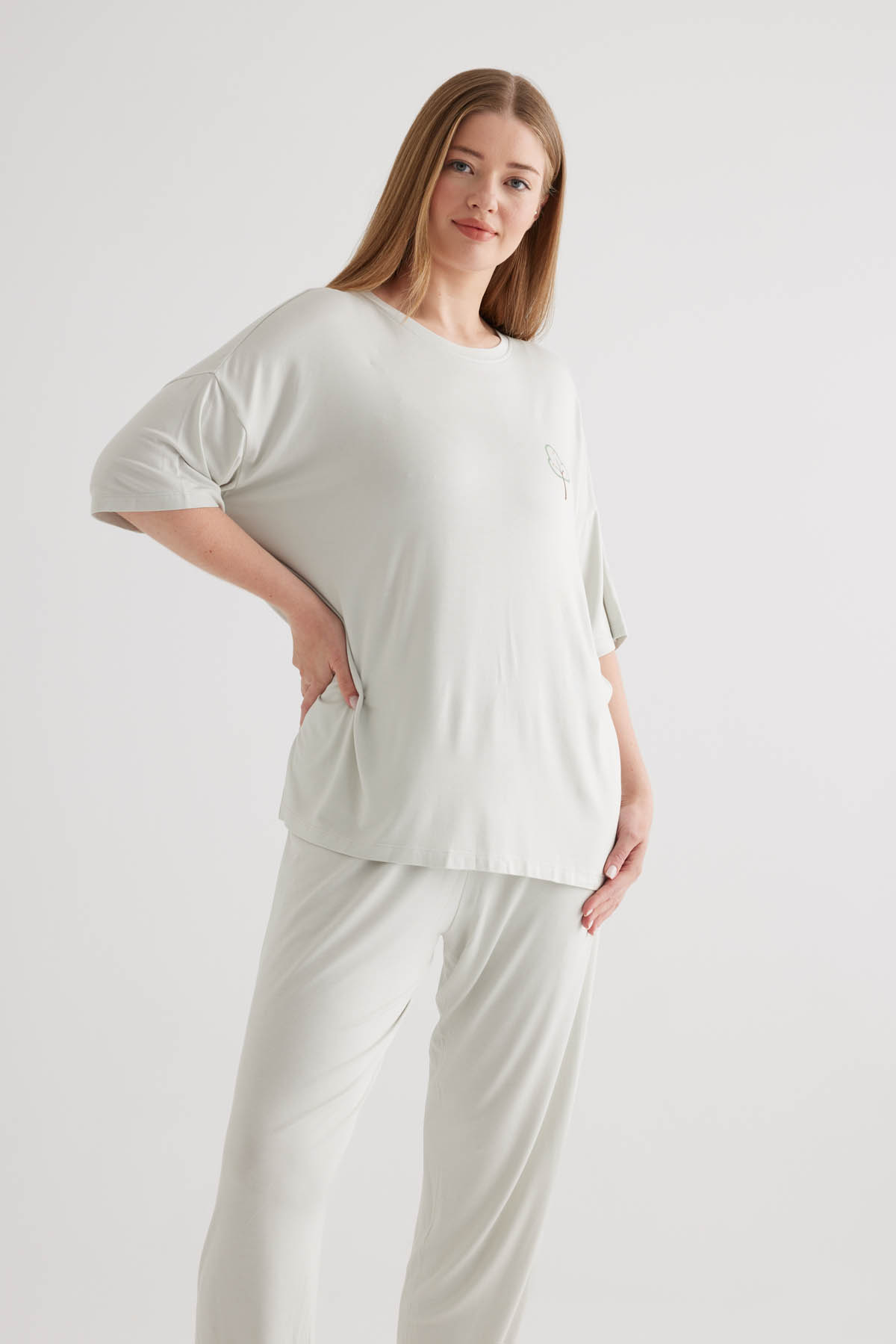 Kadın Plus Size Viscose Kısa Kollu Pijama Üstü