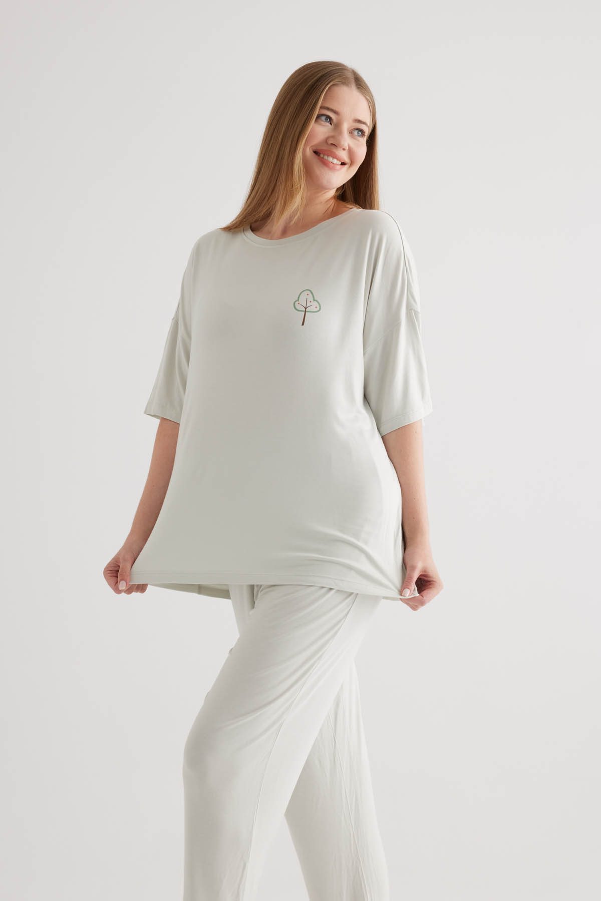 Kadın Plus Size Viscose Kısa Kollu Pijama Üstü