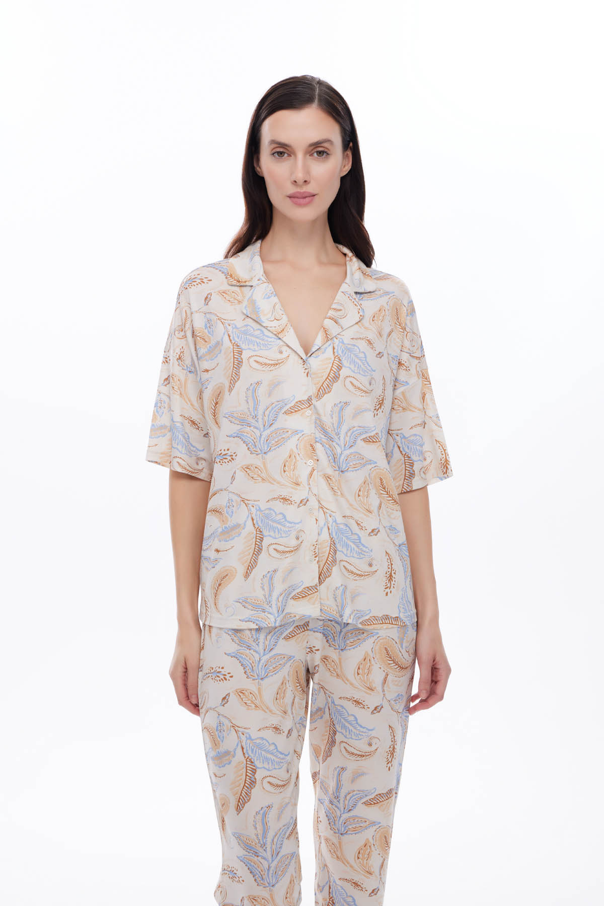 Kadın Viscose Kısa Kollu Gömlek Pijama Üstü