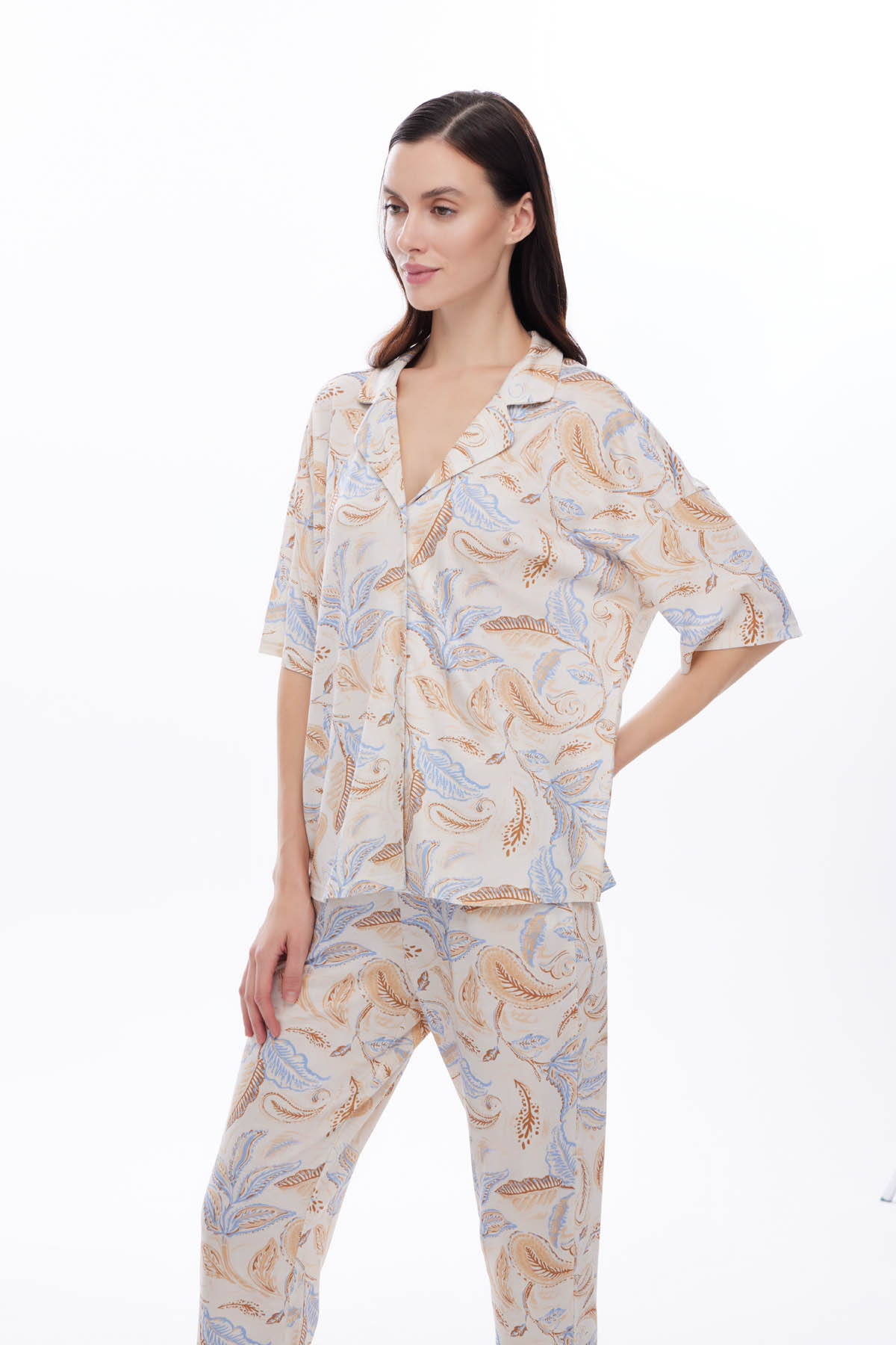 Kadın Viscose Kısa Kollu Gömlek Pijama Üstü