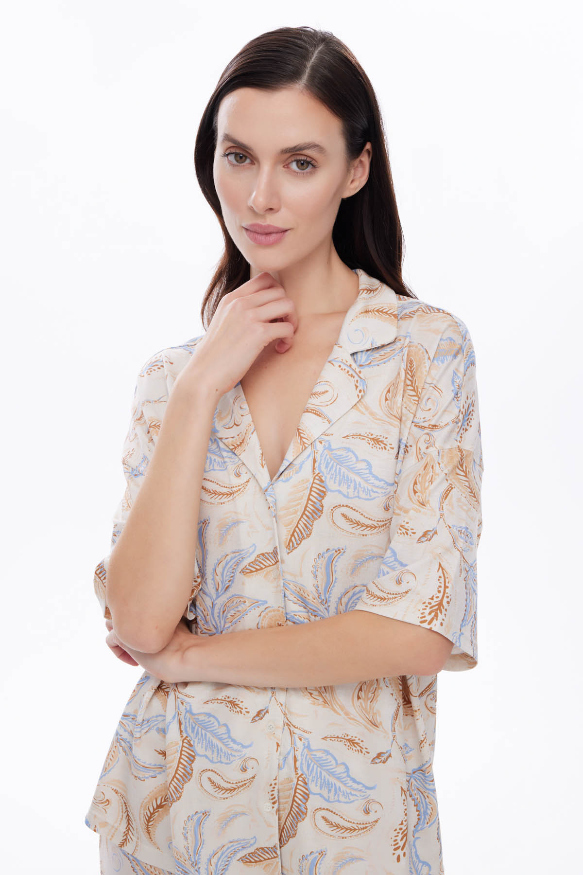 Kadın Viscose Kısa Kollu Gömlek Pijama Üstü