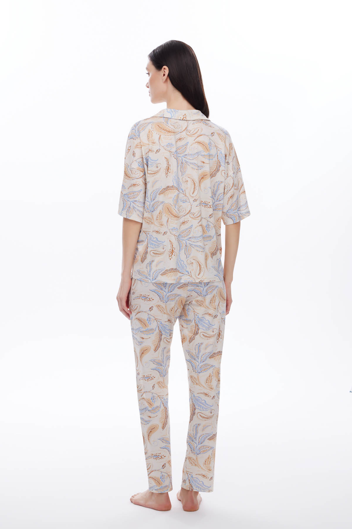Kadın Viscose Kısa Kollu Gömlek Uzun Pijama Takımı