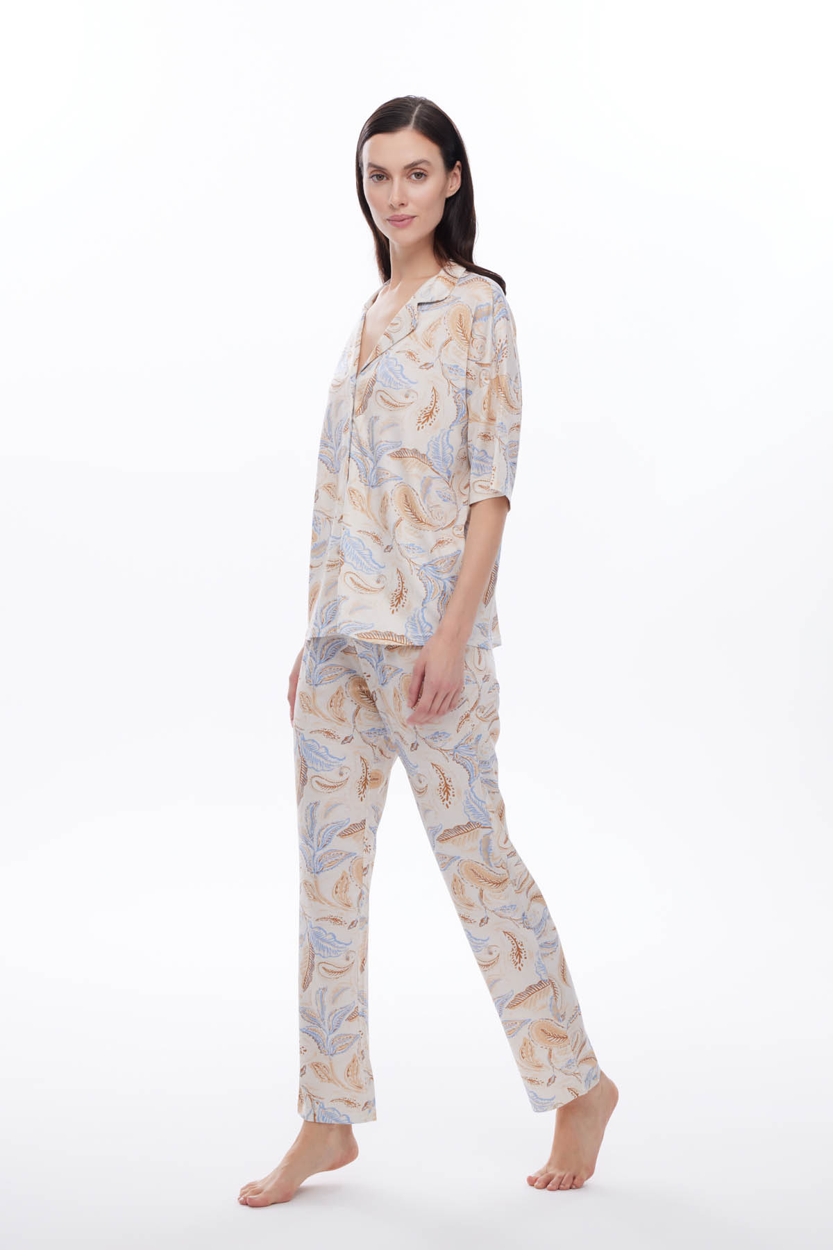 Kadın Viscose Kısa Kollu Gömlek Uzun Pijama Takımı