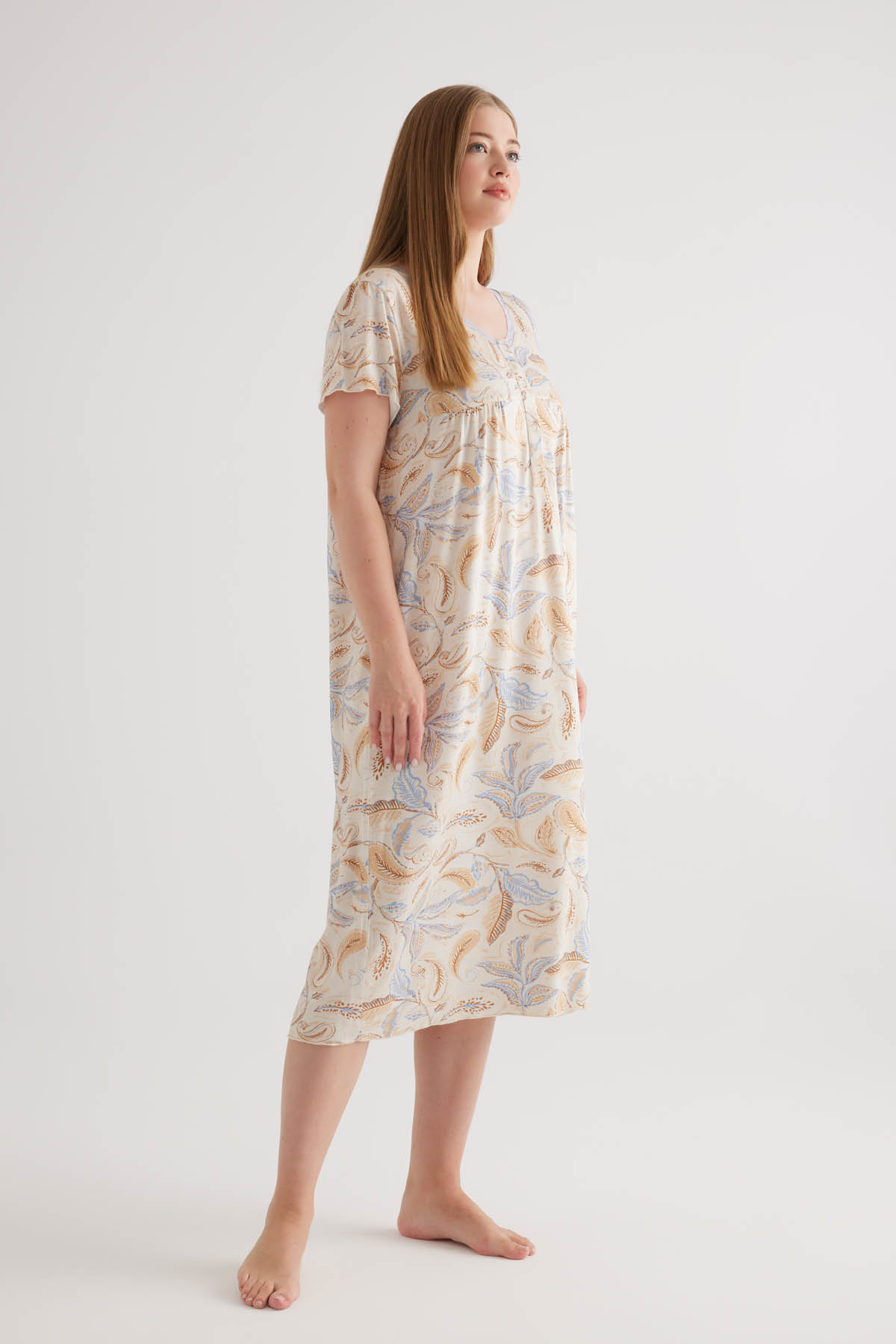Kadın Plus Size Viscose V Yaka Patlı Kısa Kollu Gecelik