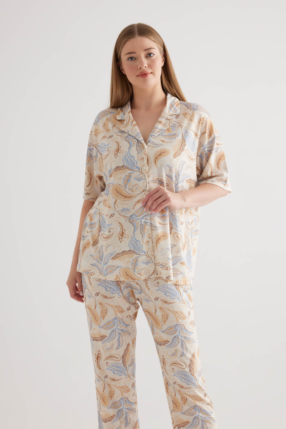 Kadın Plus Size Viscose Kısa Kollu Gömlek Pijama Üstü