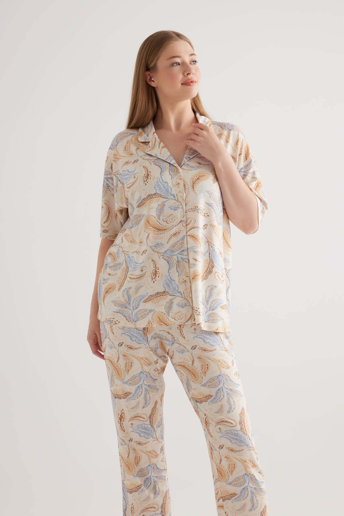 Kadın Plus Size Viscose Kısa Kollu Gömlek Pijama Üstü