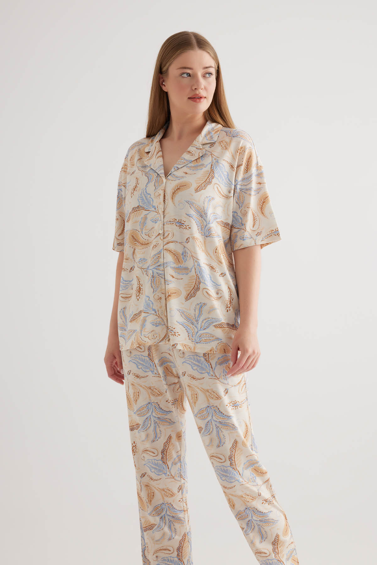 Kadın Plus Size Viscose Kısa Kollu Gömlek Pijama Üstü