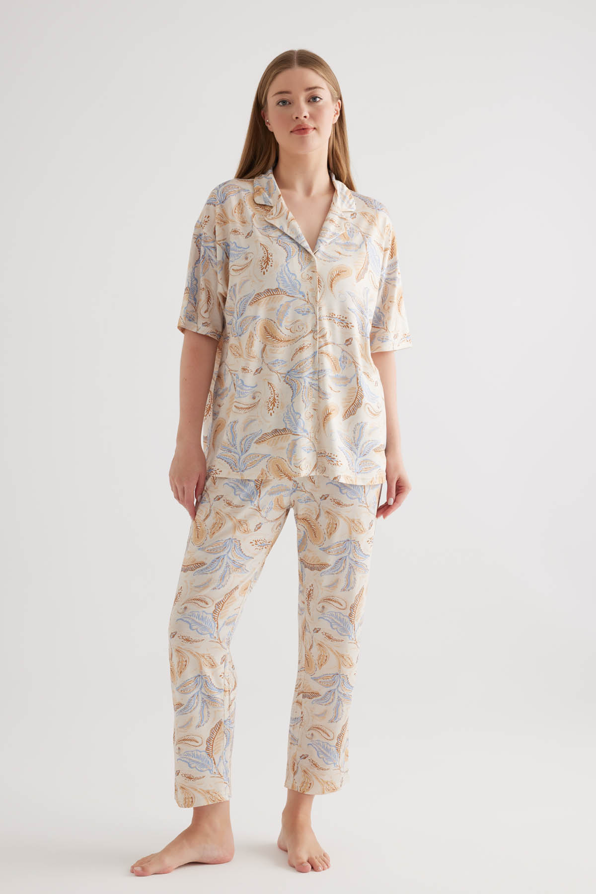 Kadın Plus Size Viscose Kısa Kol Gömlek Uzun Pijama Takımı