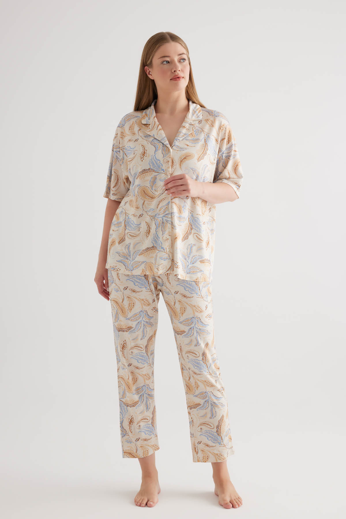 Kadın Plus Size Viscose Kısa Kol Gömlek Uzun Pijama Takımı