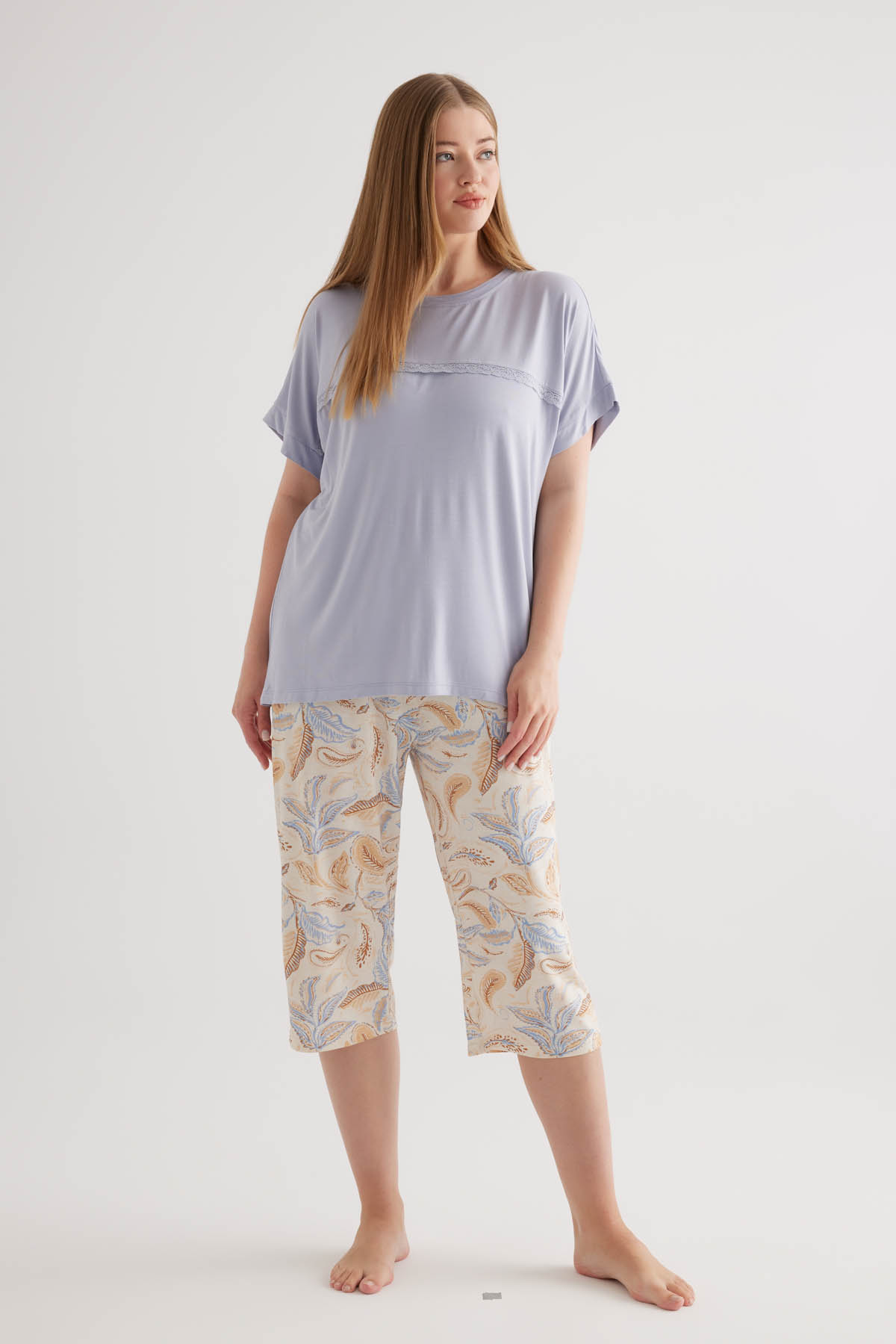 Kadın Plus Size Viscose Kısa Kollu Kapri Pijama Takımı