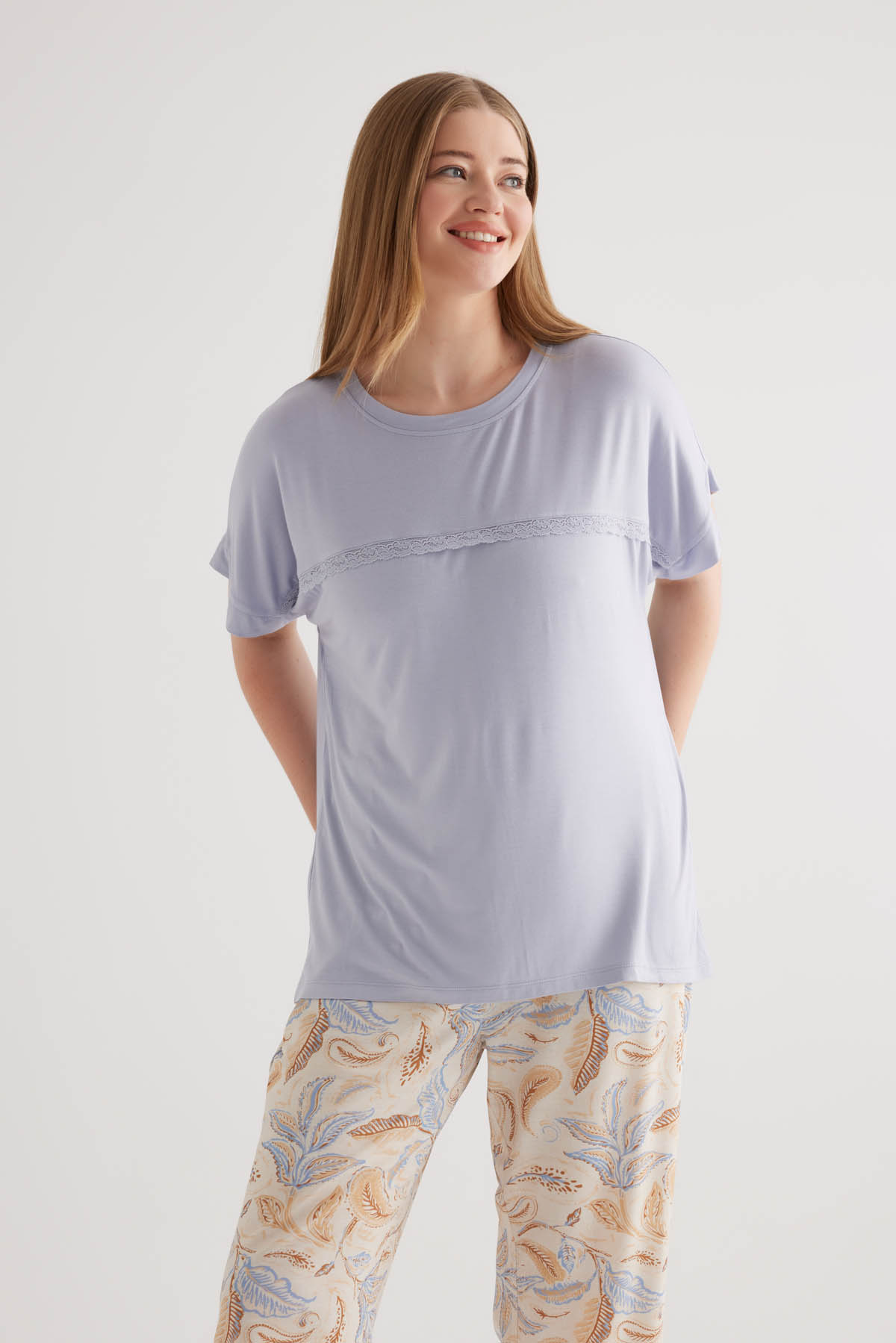 Kadın Plus Size Viscose Kısa Kollu Pijama Üstü