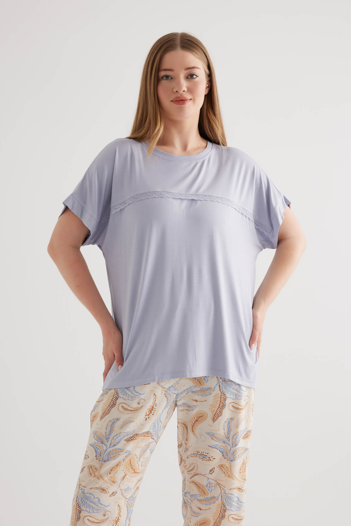 Kadın Plus Size Viscose Kısa Kollu Pijama Üstü