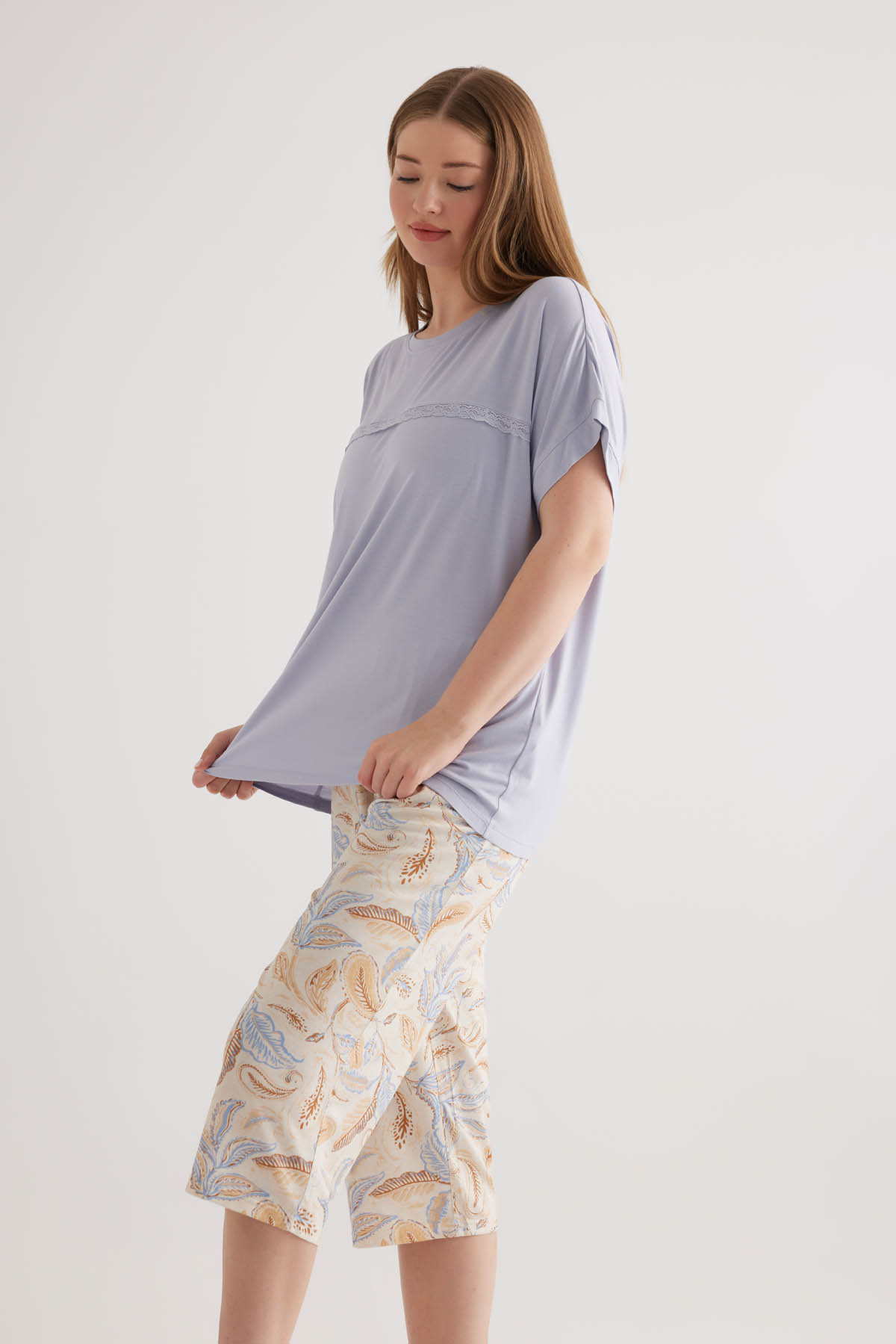 Kadın Plus Size Viscose Kısa Kollu Pijama Üstü