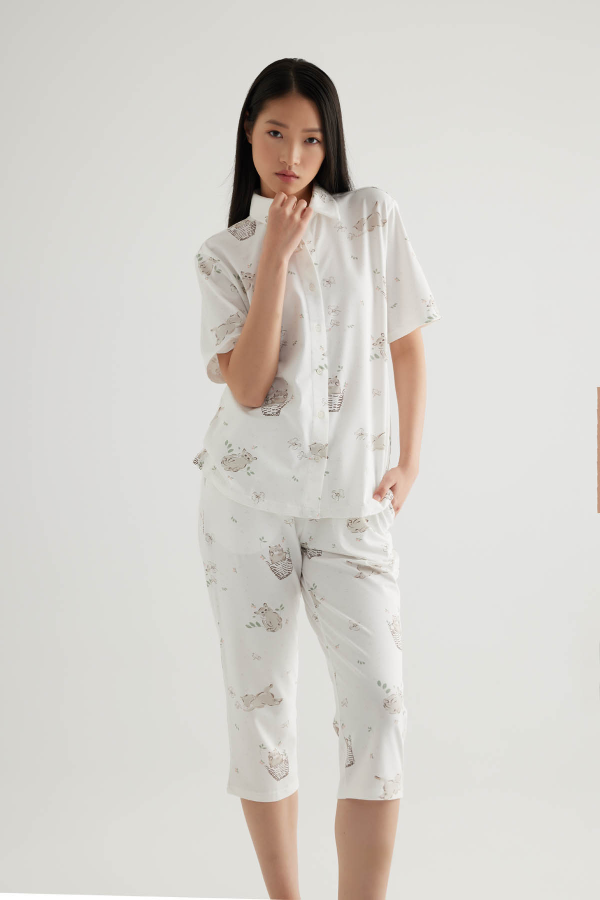 Kadın Pamuklu Kısa Kollu Gömlek Pijama Üstü