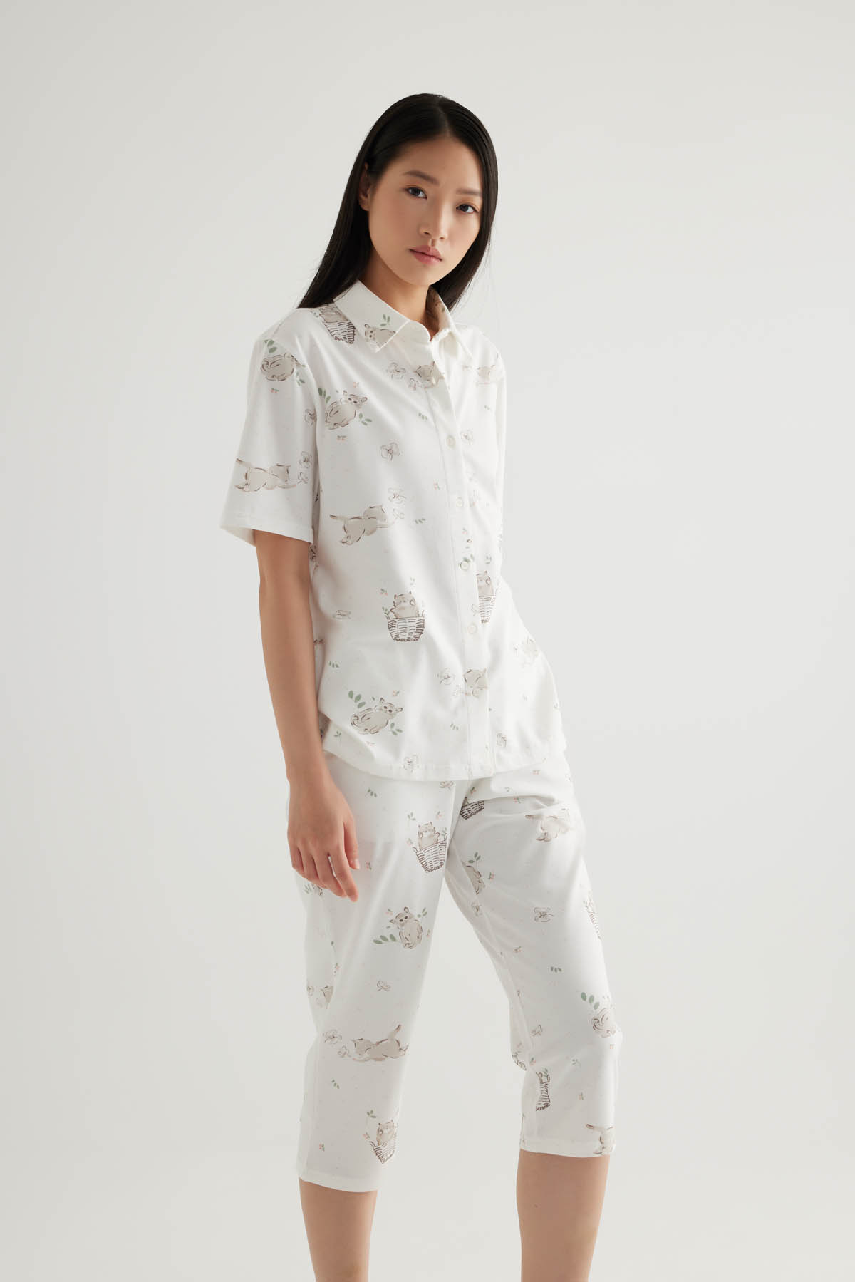 Kadın Pamuklu Kısa Kollu Gömlek Pijama Üstü