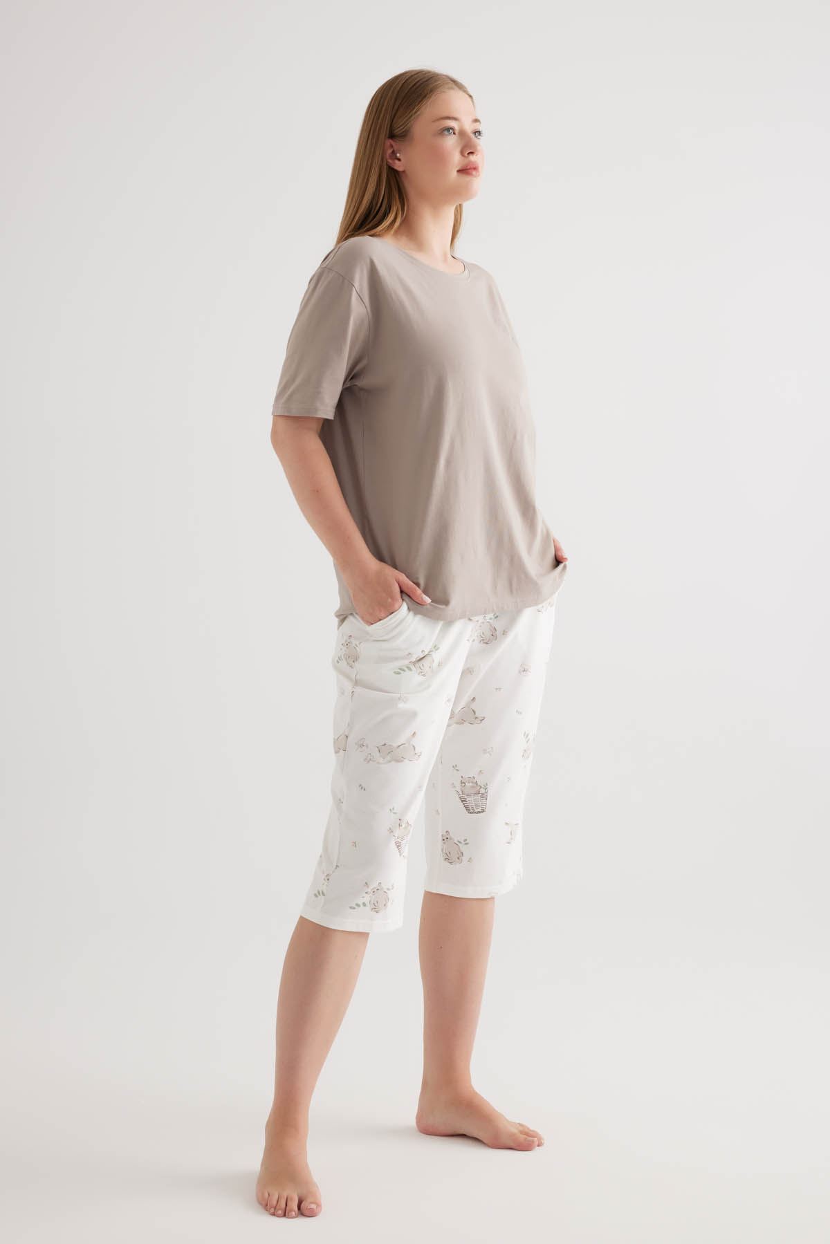 Kadın Plus Size Pamuklu Kısa Kollu Kapri Pijama Takımı