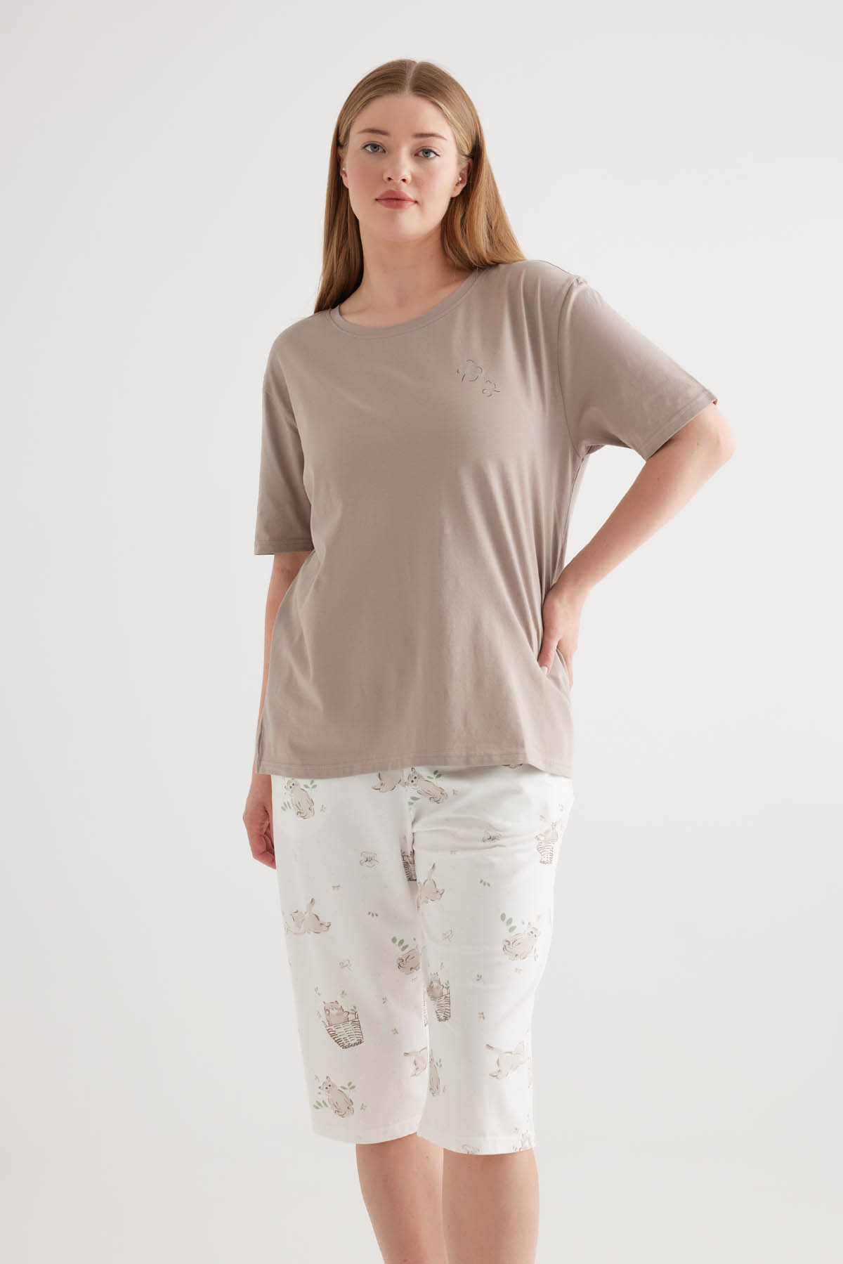 Kadın Plus Size Pamuklu Kısa Kollu Pijama Üstü
