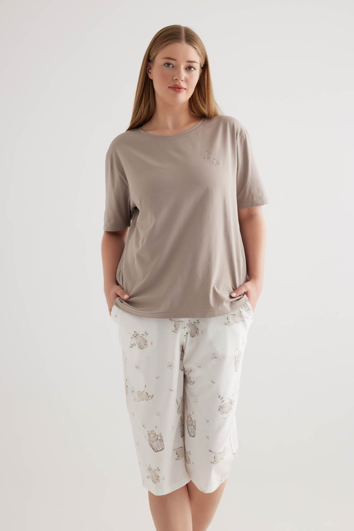 Kadın Plus Size Pamuklu Kısa Kollu Pijama Üstü