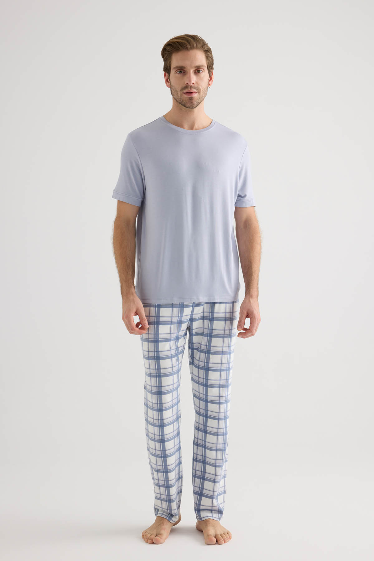 Erkek Pamuklu Kısa Kollu Uzun Pijama Takımı