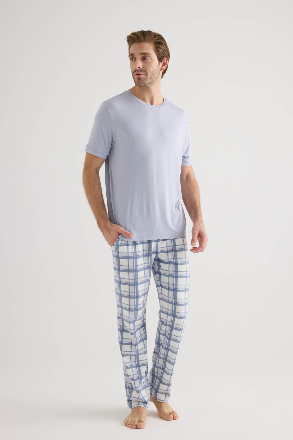 Erkek Pamuklu Kısa Kollu Uzun Pijama Takımı