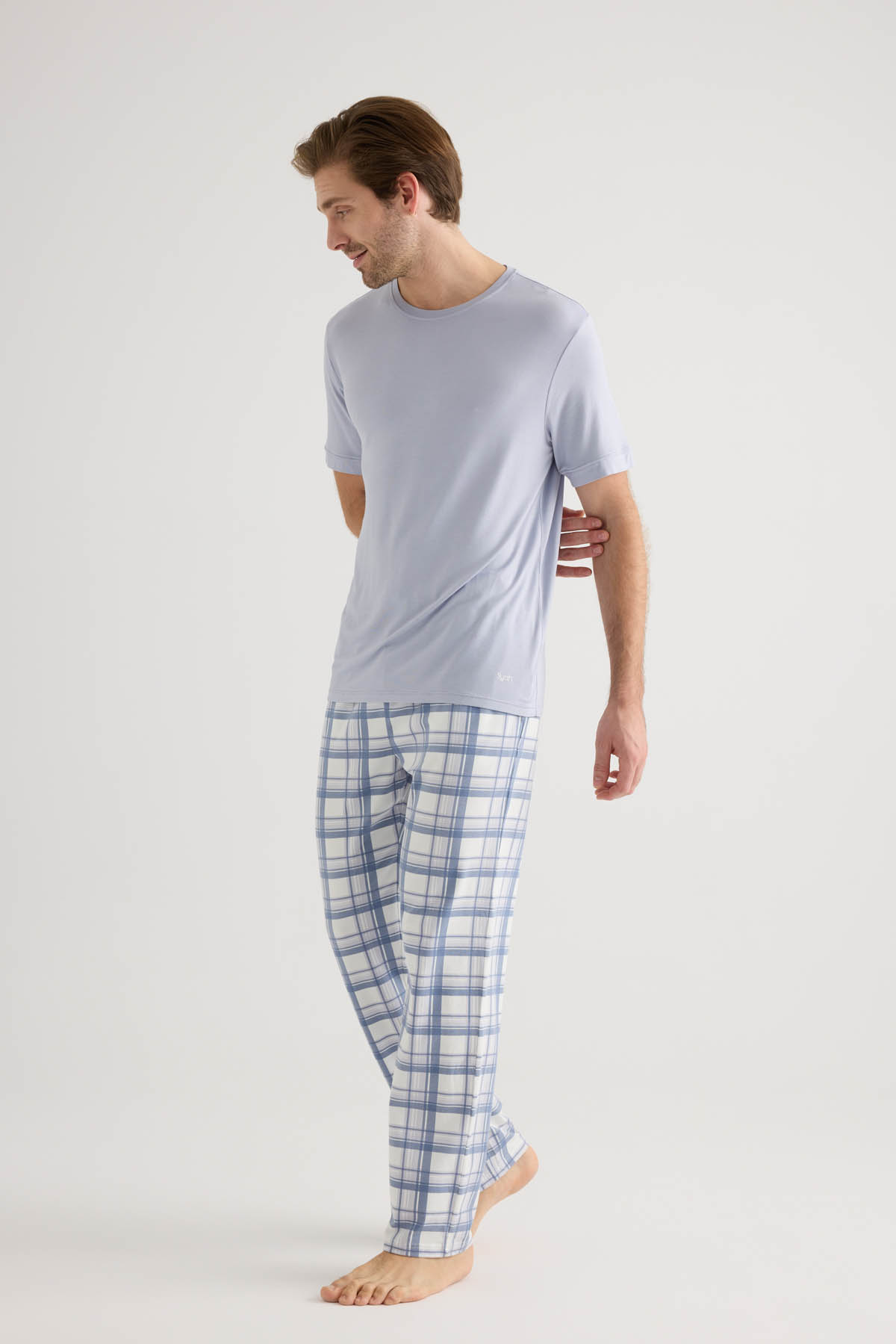 Erkek Pamuklu Kısa Kollu Uzun Pijama Takımı