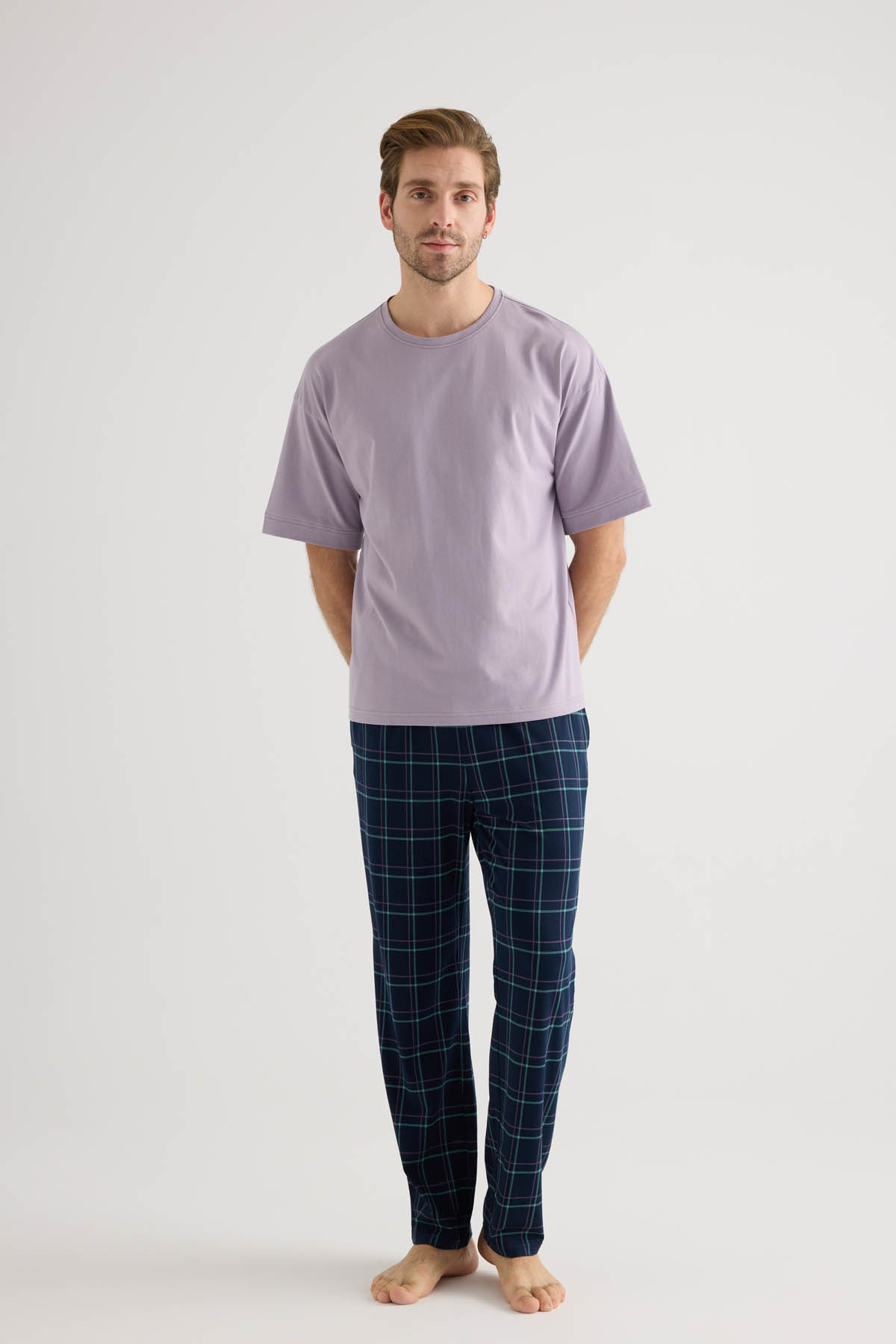 Erkek Pamuklu Kısa Kollu Uzun Pijama Takımı