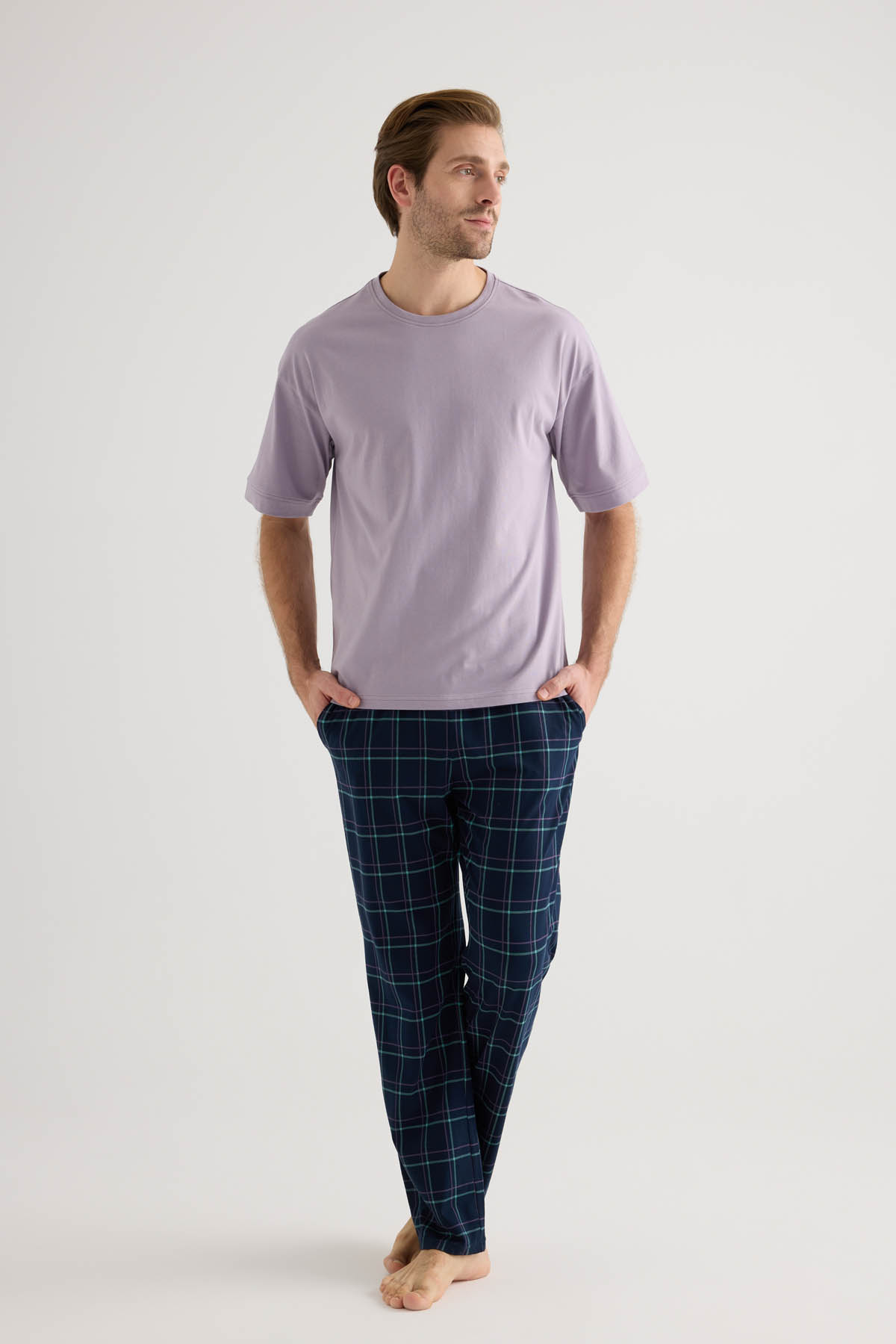 Erkek Pamuklu Kısa Kollu Uzun Pijama Takımı
