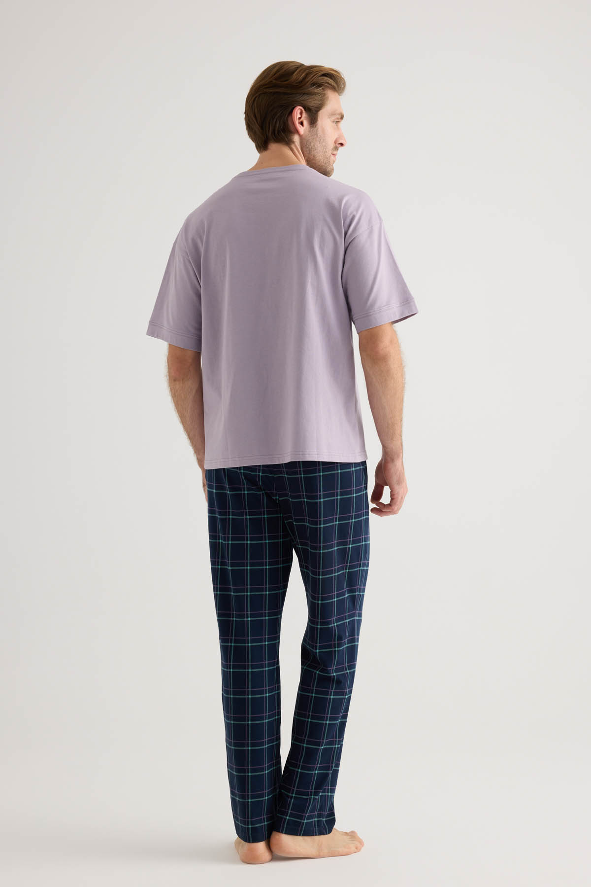 Erkek Pamuklu Kısa Kollu Uzun Pijama Takımı