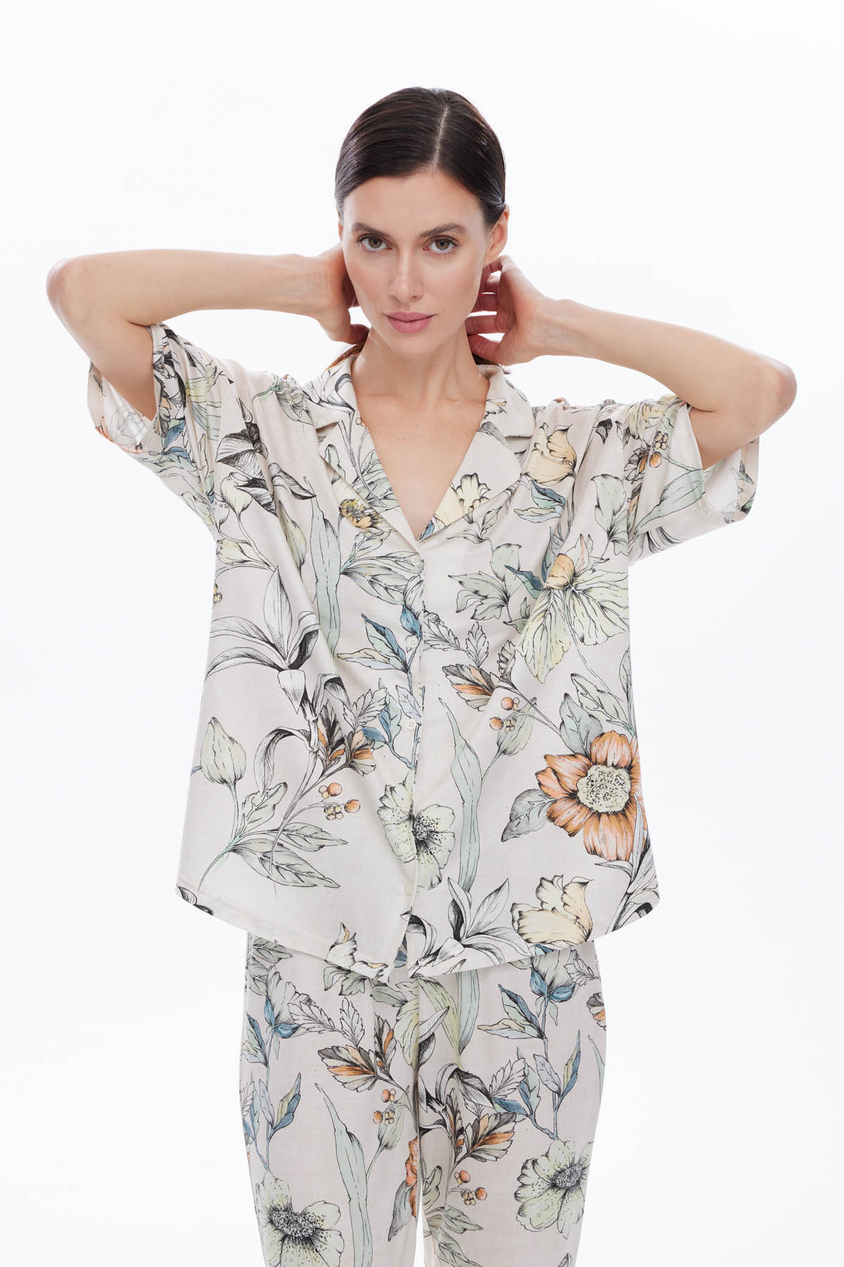 Kadın Viskon Kısa Kollu Gömlek Pijama Üstü
