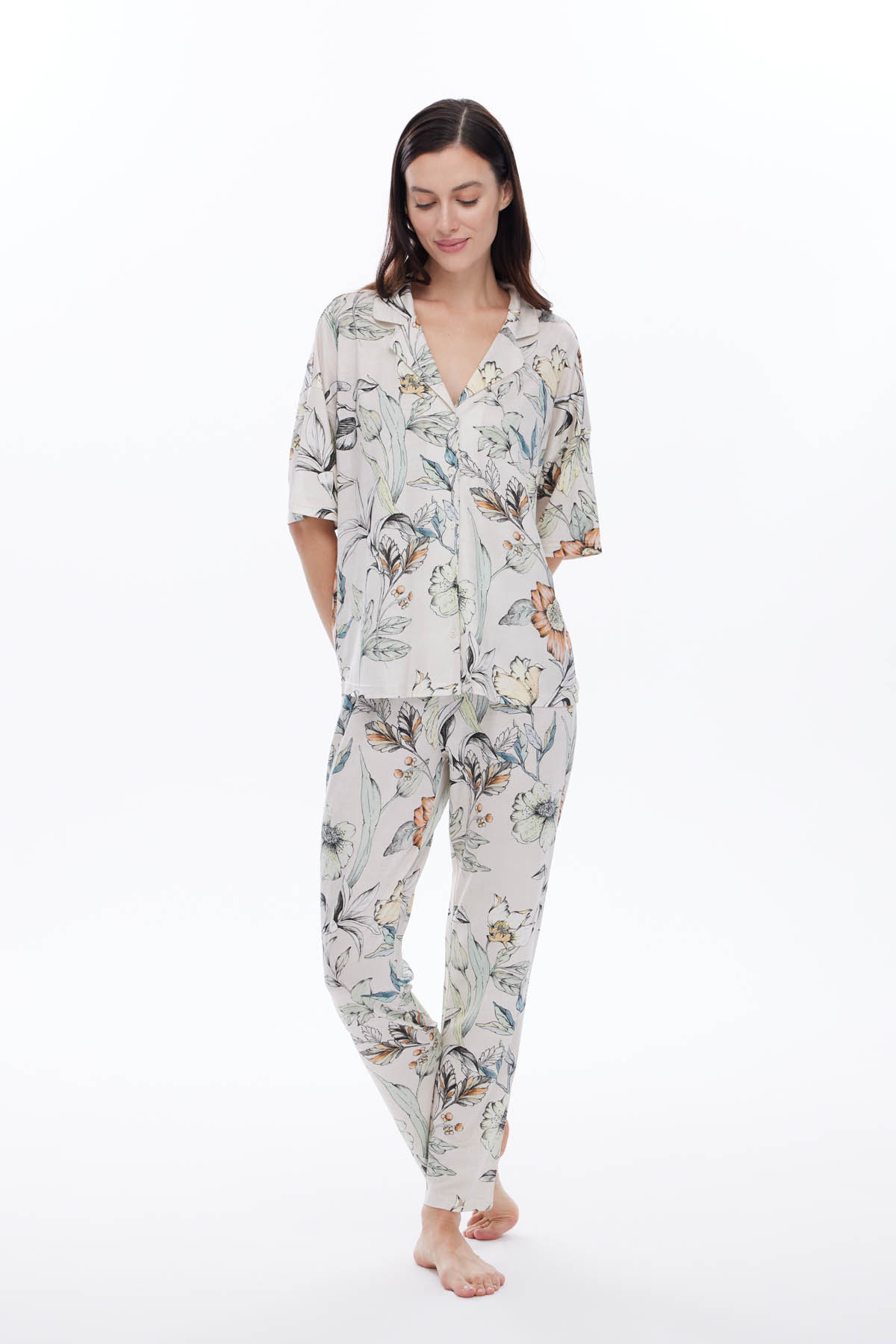 Kadın Viskon Kısa Kollu Gömlek Uzun Pijama Takımı