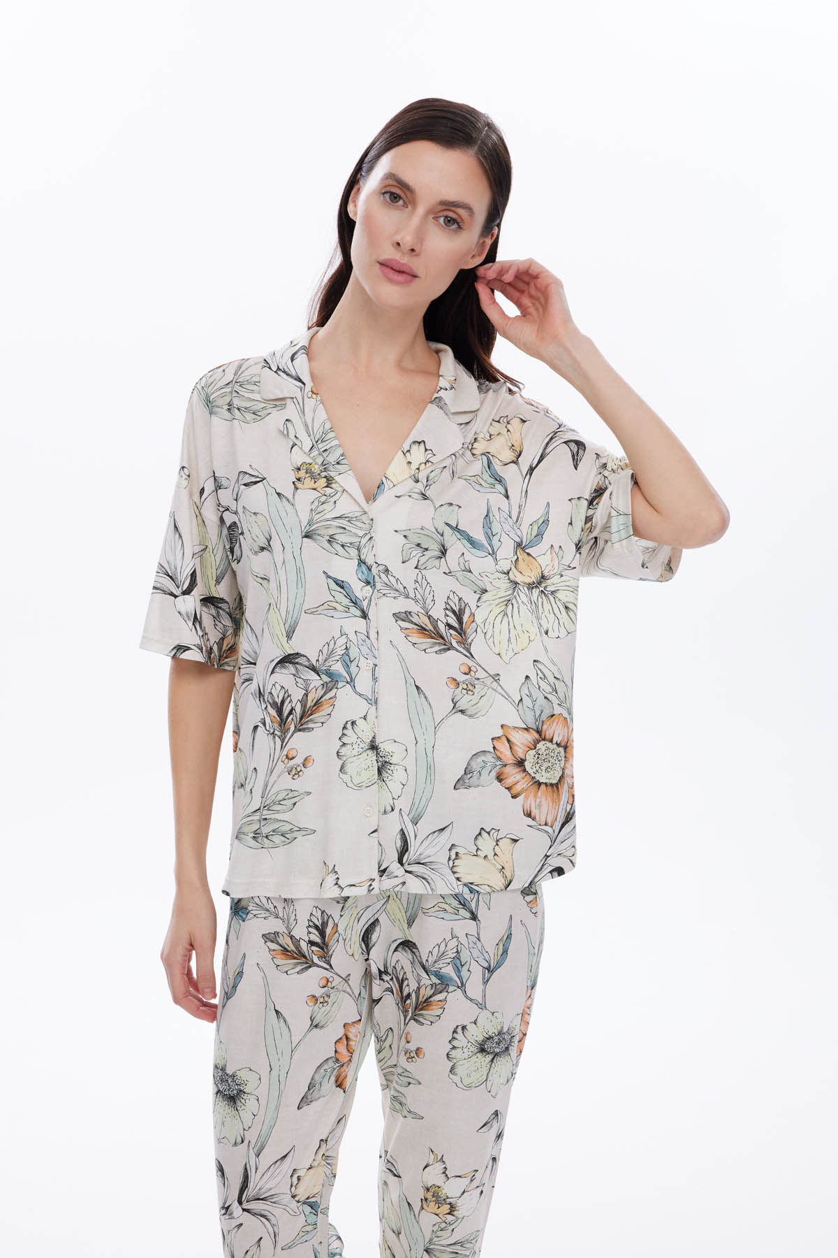 Kadın Viskon Kısa Kollu Gömlek Uzun Pijama Takımı