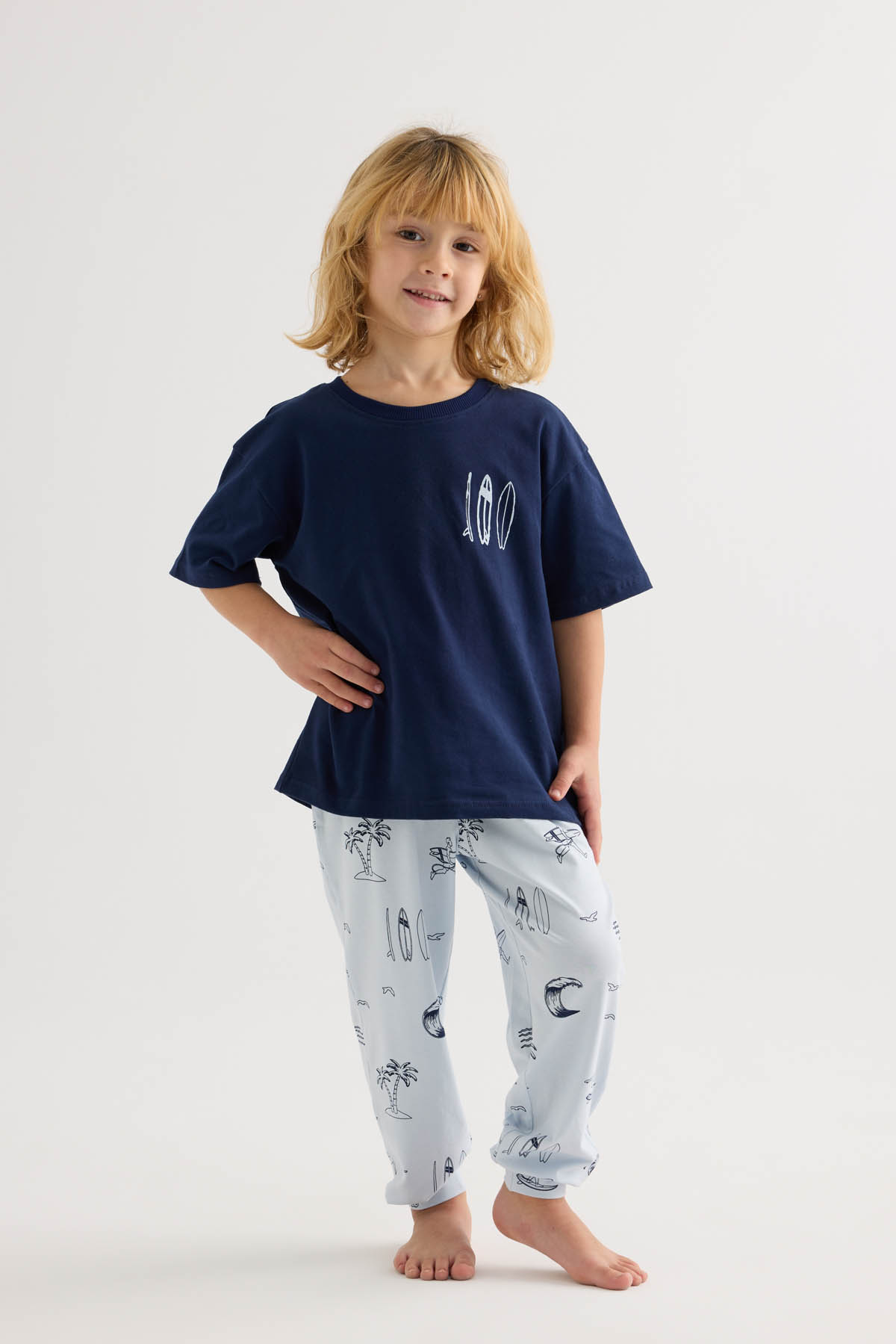Erkek Çocuk Pamuklu Kısa Kollu Uzun Pijama Takımı