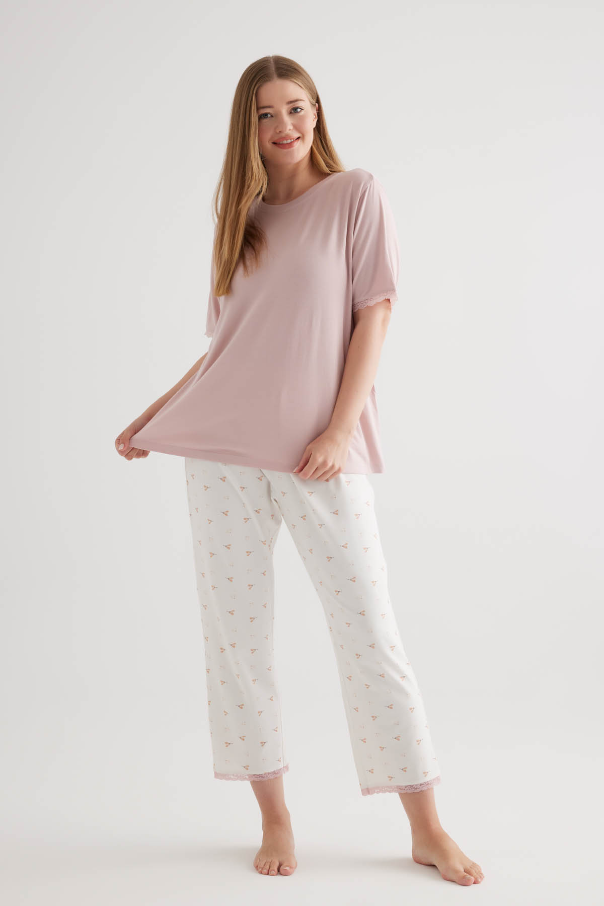 Kadın Plus Size Pamuklu Kısa Kollu Pijama Takımı