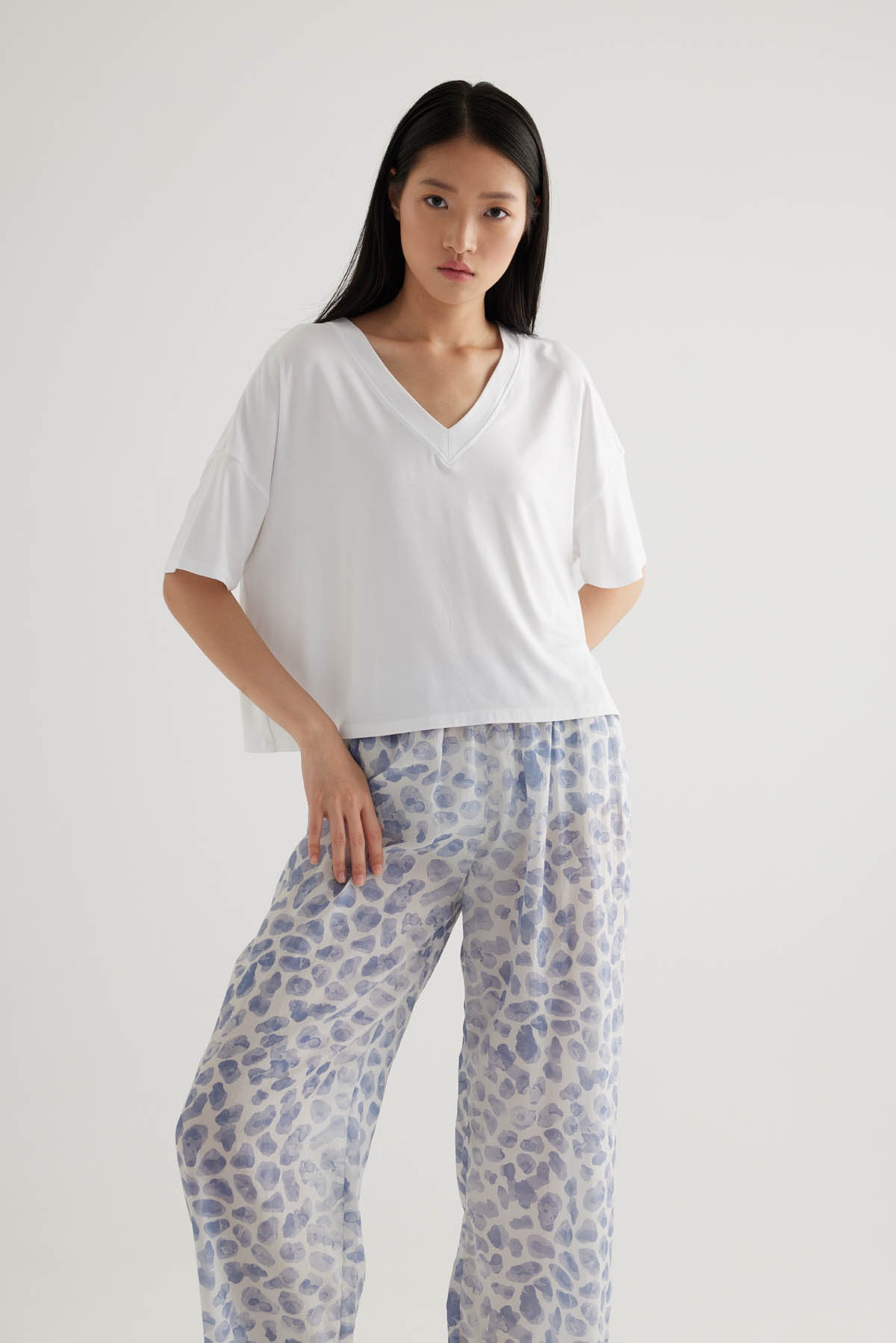 Kadın Modal V Yaka Kısa Kollu Pijama Üst