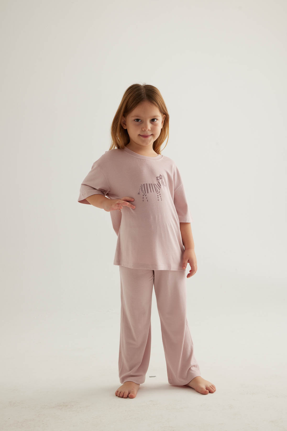 Kız Çocuk Viskon Kısa Kollu Uzun Pijama Takımı