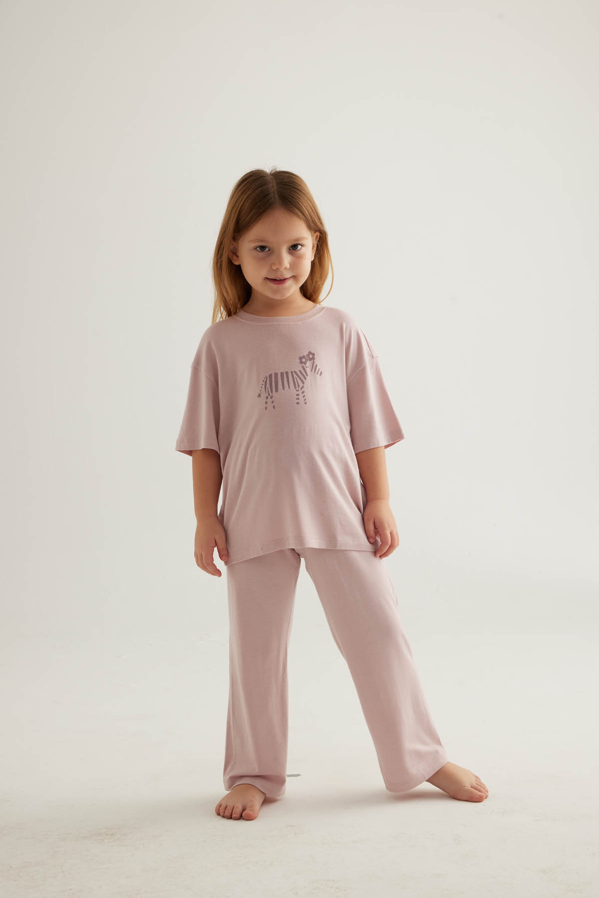 Kız Çocuk Viskon Kısa Kollu Uzun Pijama Takımı