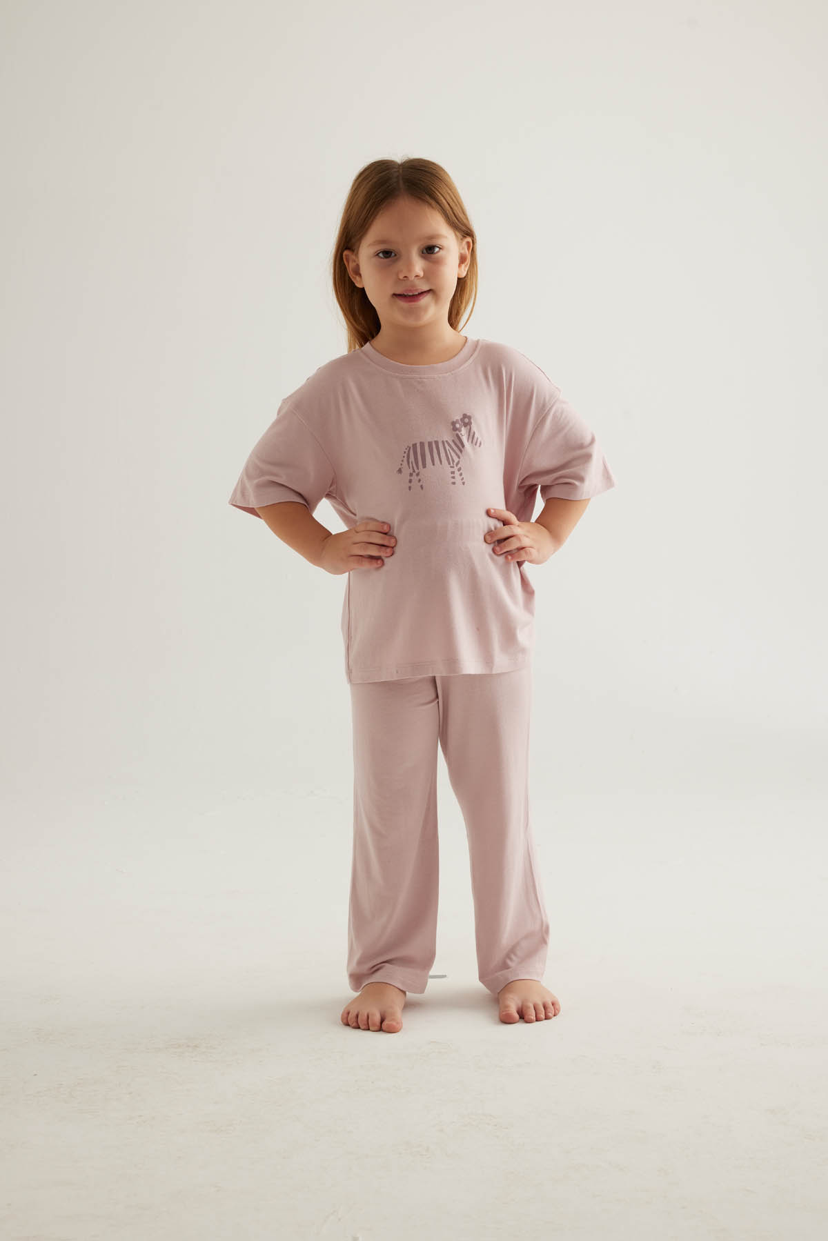 Kız Çocuk Viskon Kısa Kollu Uzun Pijama Takımı