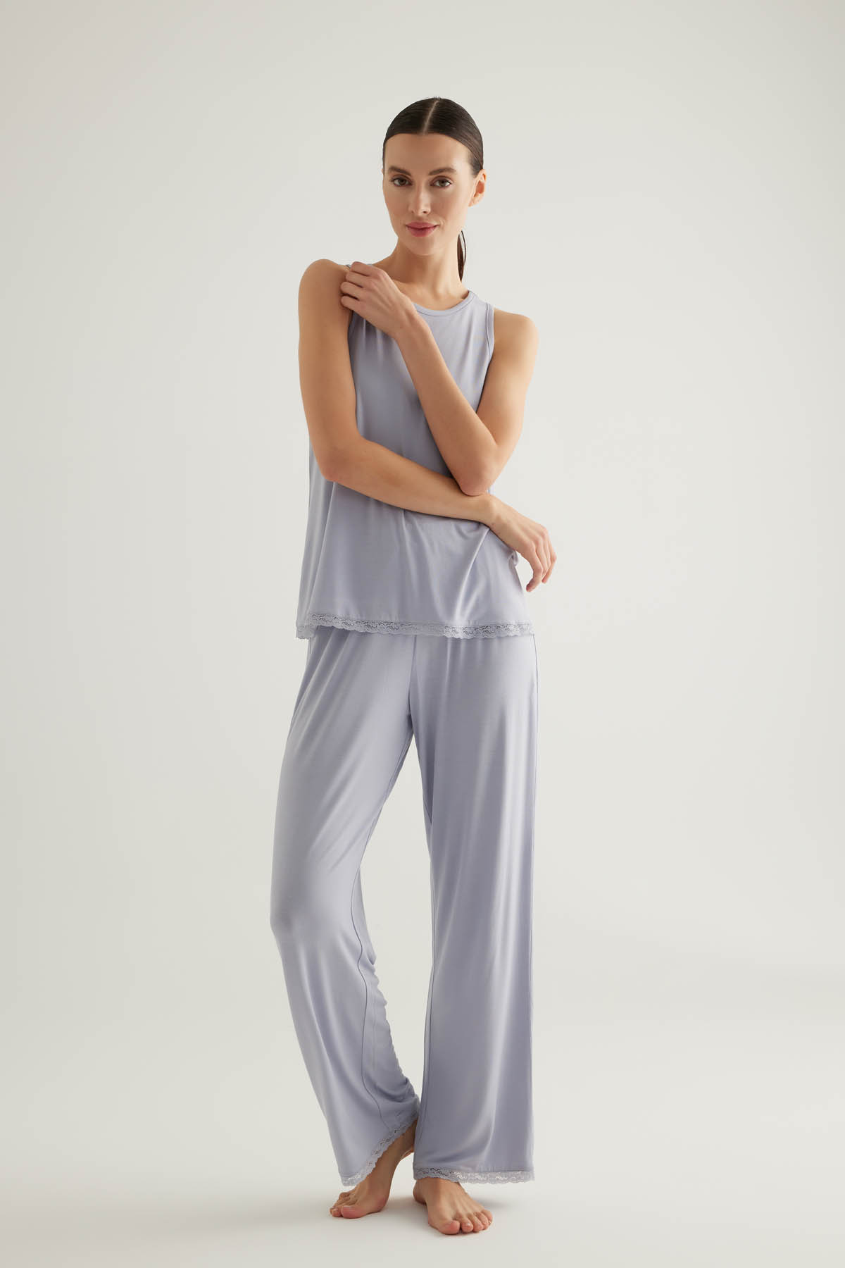 Kadın Viscose Dantel Detaylı Atlet Uzun Pijama Takımı