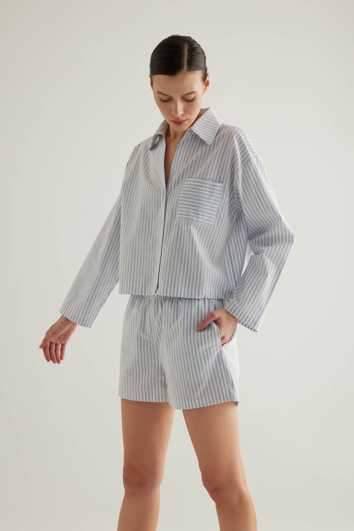 Kadın Çizgili Dokuma Uzun Kollu Gömlek Pijama Üstü	